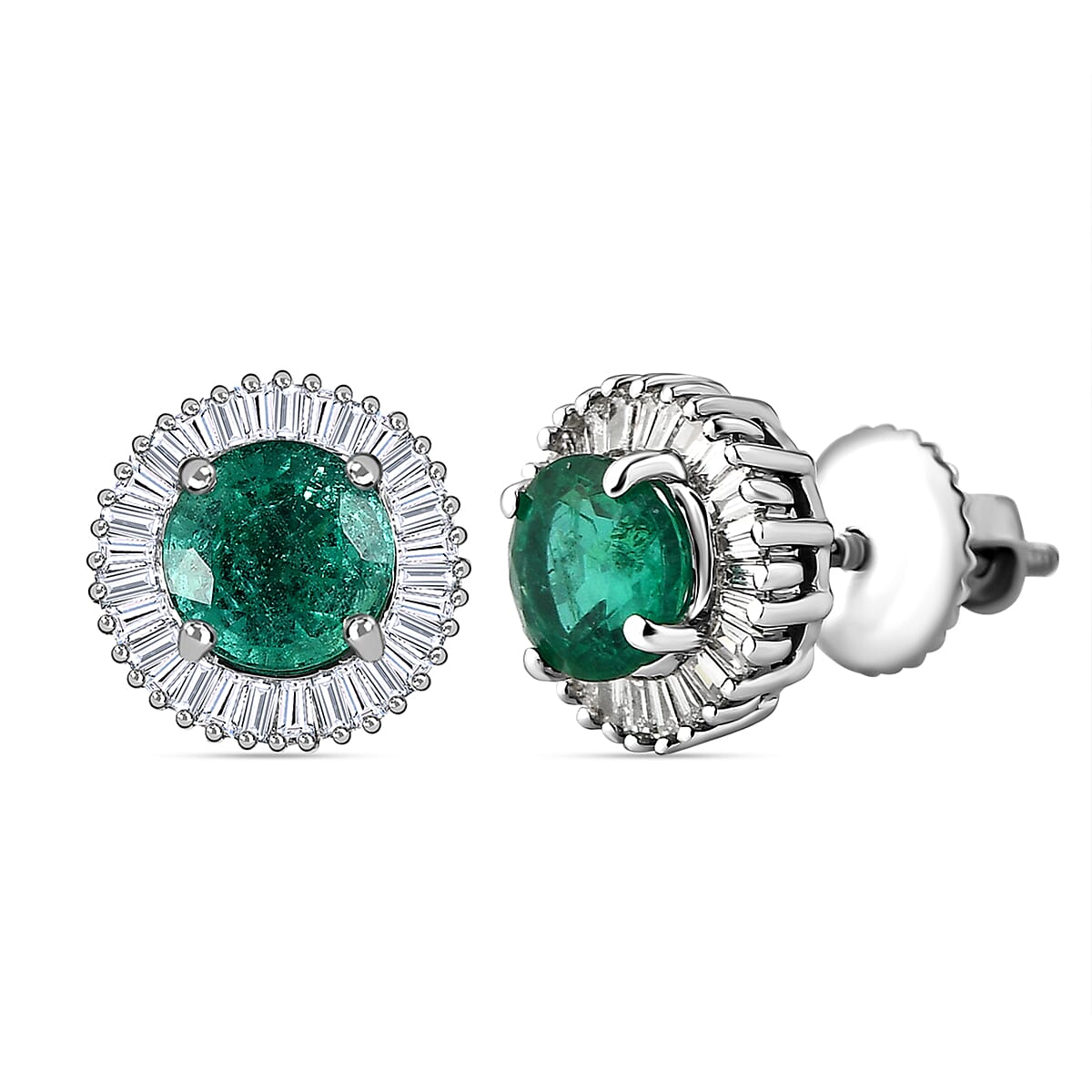 900 Platinum AAA Zambian Emerald and Diamond (SI - G-H) Stud Earrings 1.36 Ct