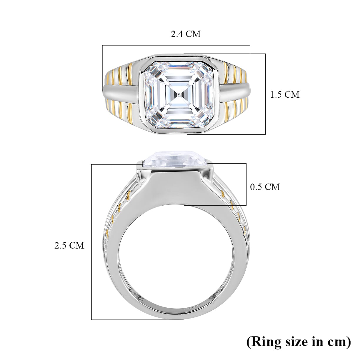Moissanite (Asscher Cut) Mens Ring in 18K Vermeil Yellow Gold and Platinum Plated Sterling Silver 5.58 Ct, Silver Wt. 6.10 GM Moissanite (Asscher Cut) Mens Ring in 18K Vermeil Yellow Gold and Platinum Plated Sterling Silver 5.58 Ct, Silver Wt. 6.10 GM