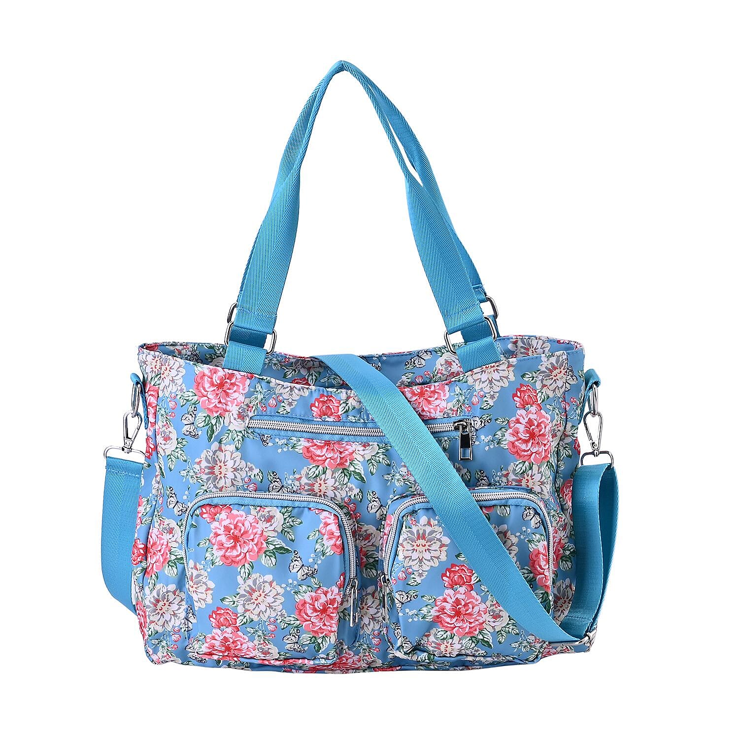 Floral Pattern Crossbody Bag with 4 Exterior Zipped Pockets & Handle Drop - Blue & Multi