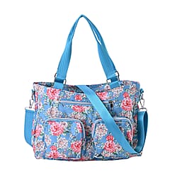 Floral Pattern Crossbody Bag with 4 Exterior Zipped Pockets & Handle Drop - Blue & Multi
