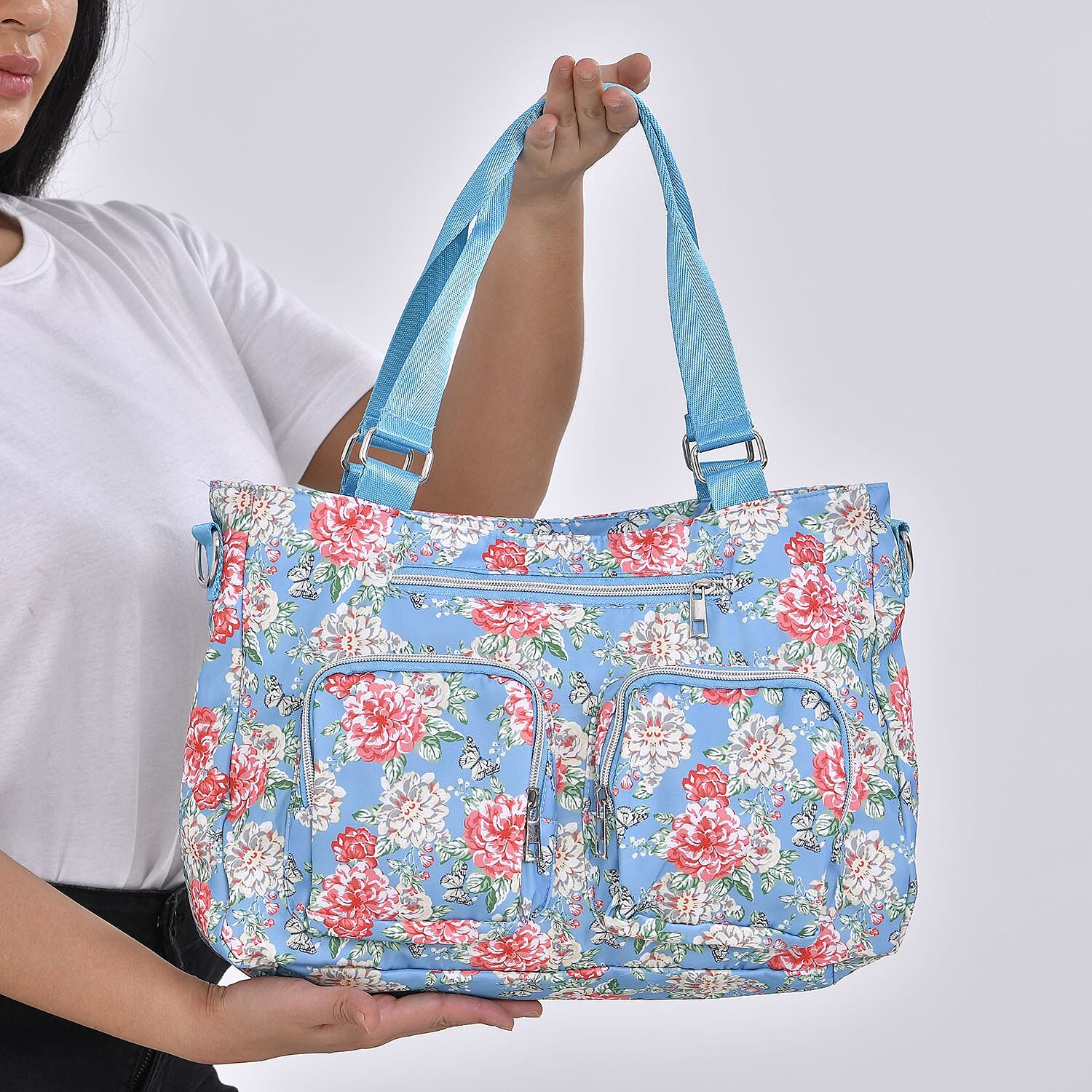 Floral Pattern Crossbody Bag with 4 Exterior Zipped Pockets & Handle Drop - Blue & Multi