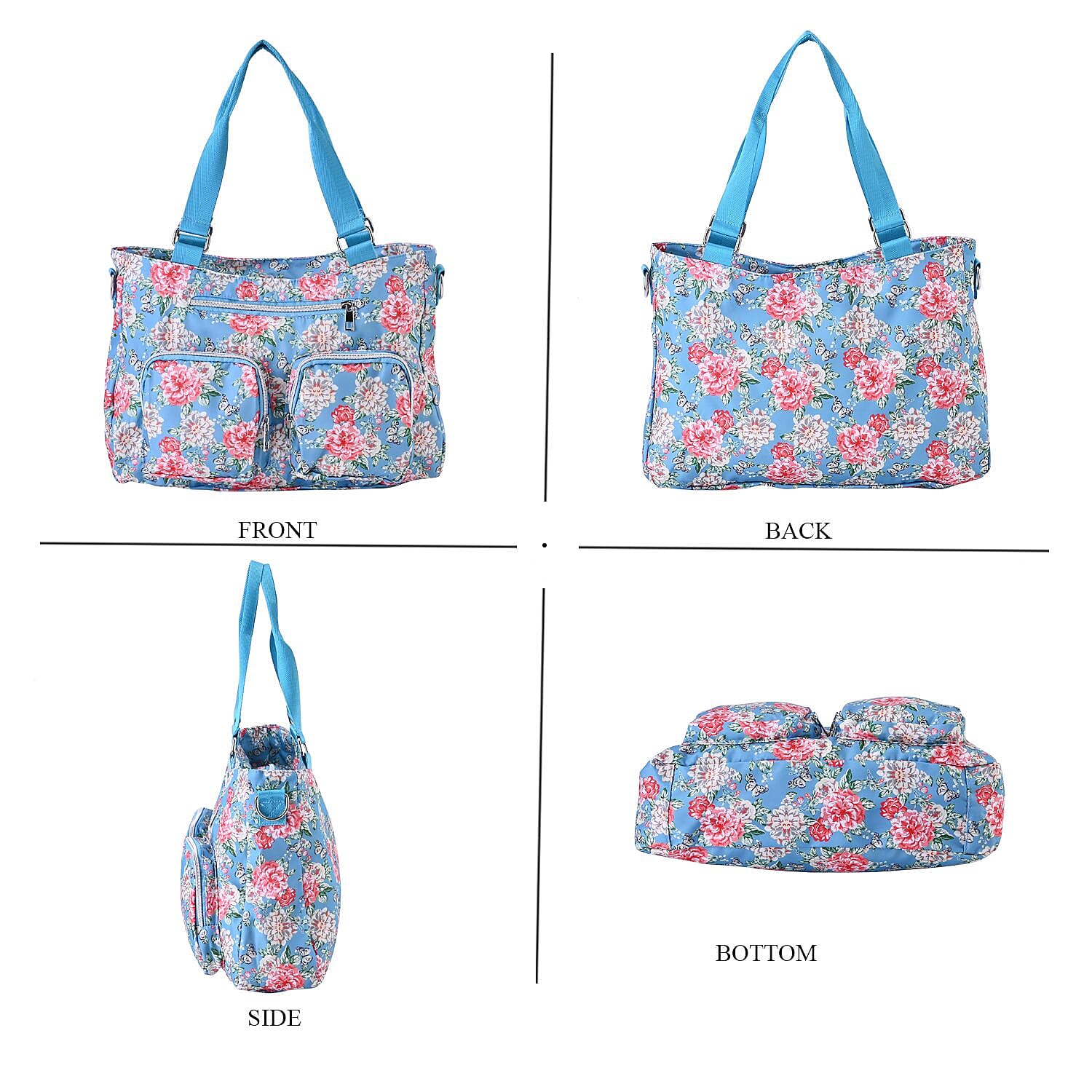 Floral Pattern Crossbody Bag with 4 Exterior Zipped Pockets & Handle Drop - Blue & Multi