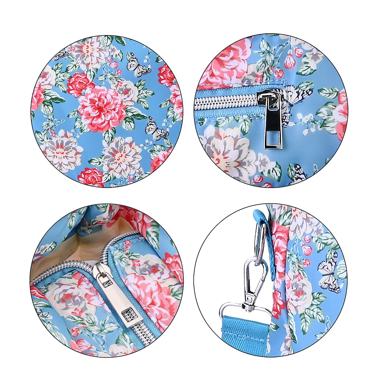 Floral Pattern Crossbody Bag with 4 Exterior Zipped Pockets & Handle Drop - Blue & Multi