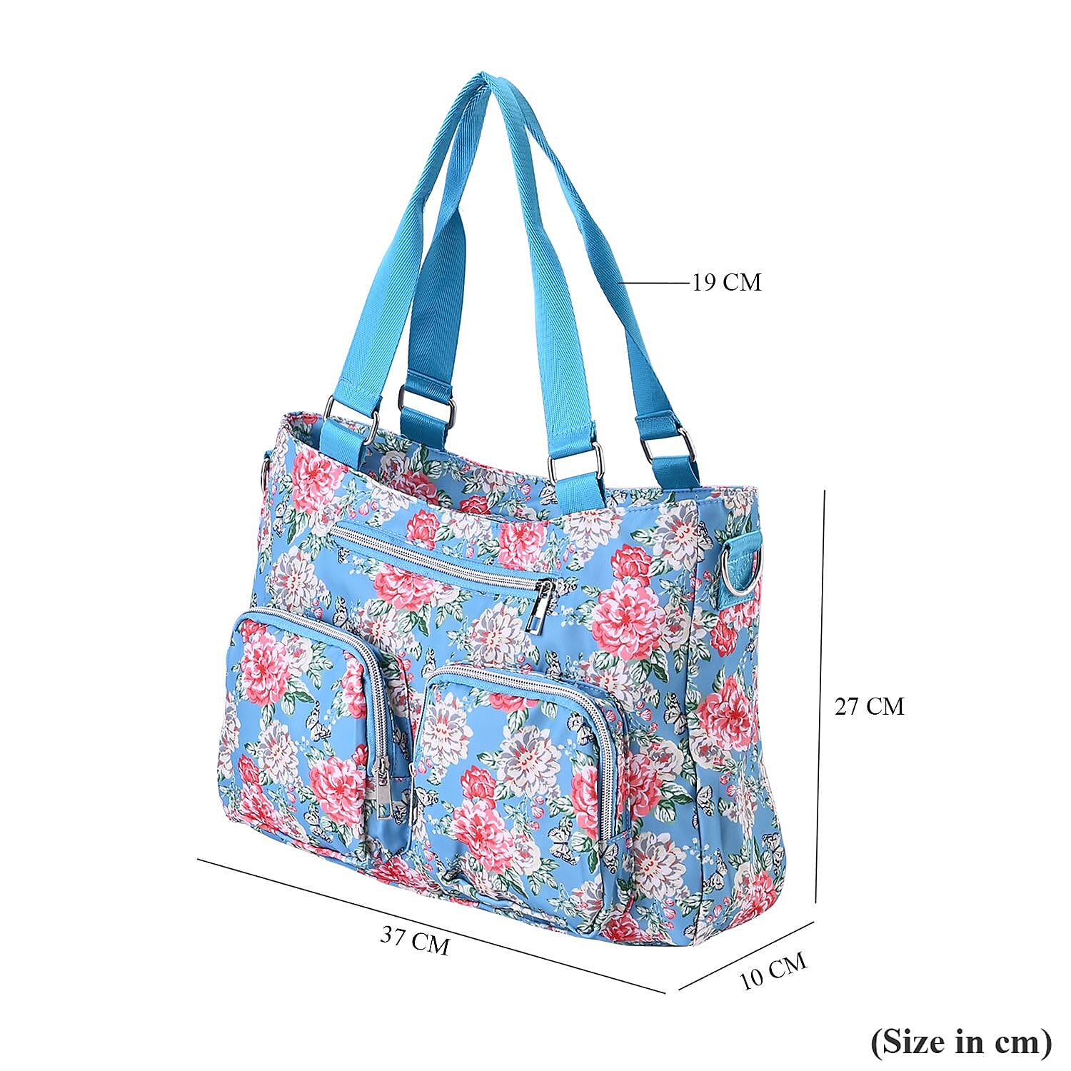 Floral Pattern Crossbody Bag with 4 Exterior Zipped Pockets & Handle Drop - Blue & Multi