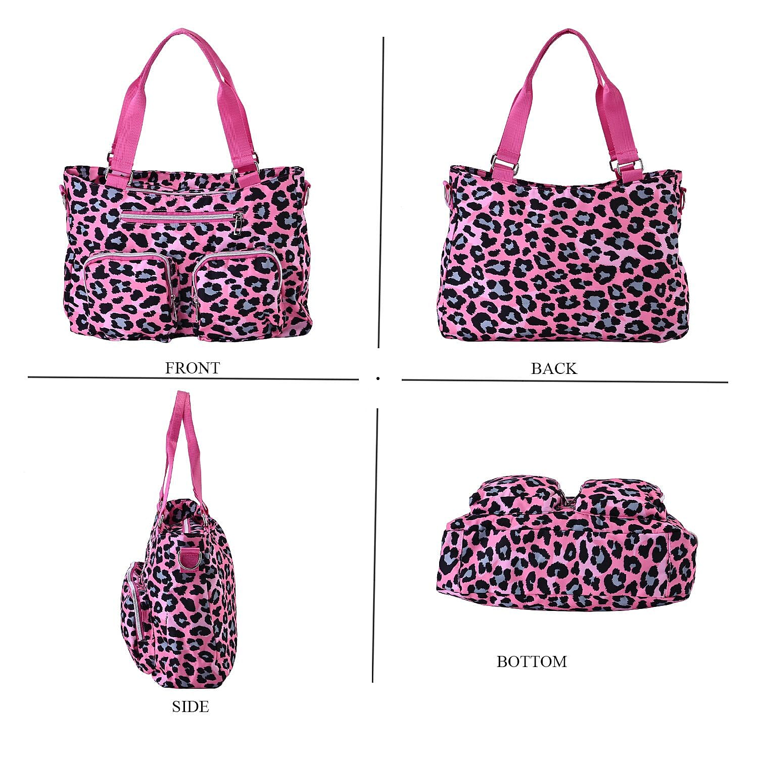 Leopard Print Crossbody Bag with 4 Exterior Zipped Pockets - Handle Drop - Pink - Grey