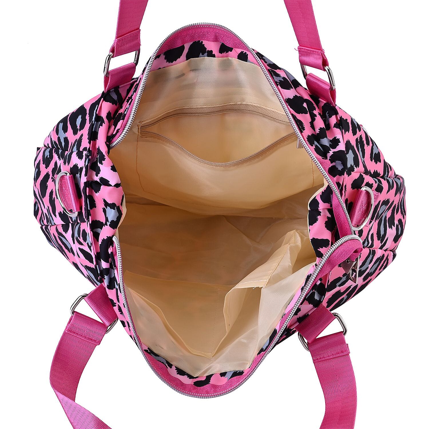 Leopard Print Crossbody Bag with 4 Exterior Zipped Pockets - Handle Drop - Pink - Grey