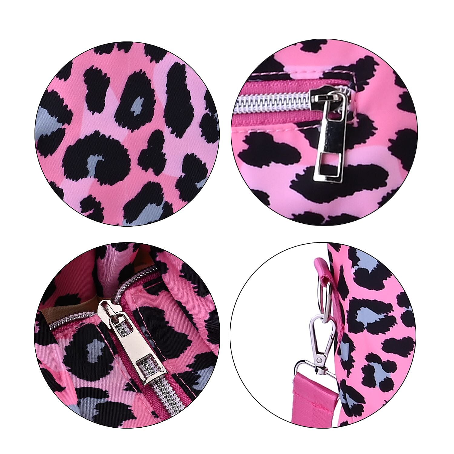 Leopard Print Crossbody Bag with 4 Exterior Zipped Pockets - Handle Drop - Pink - Grey