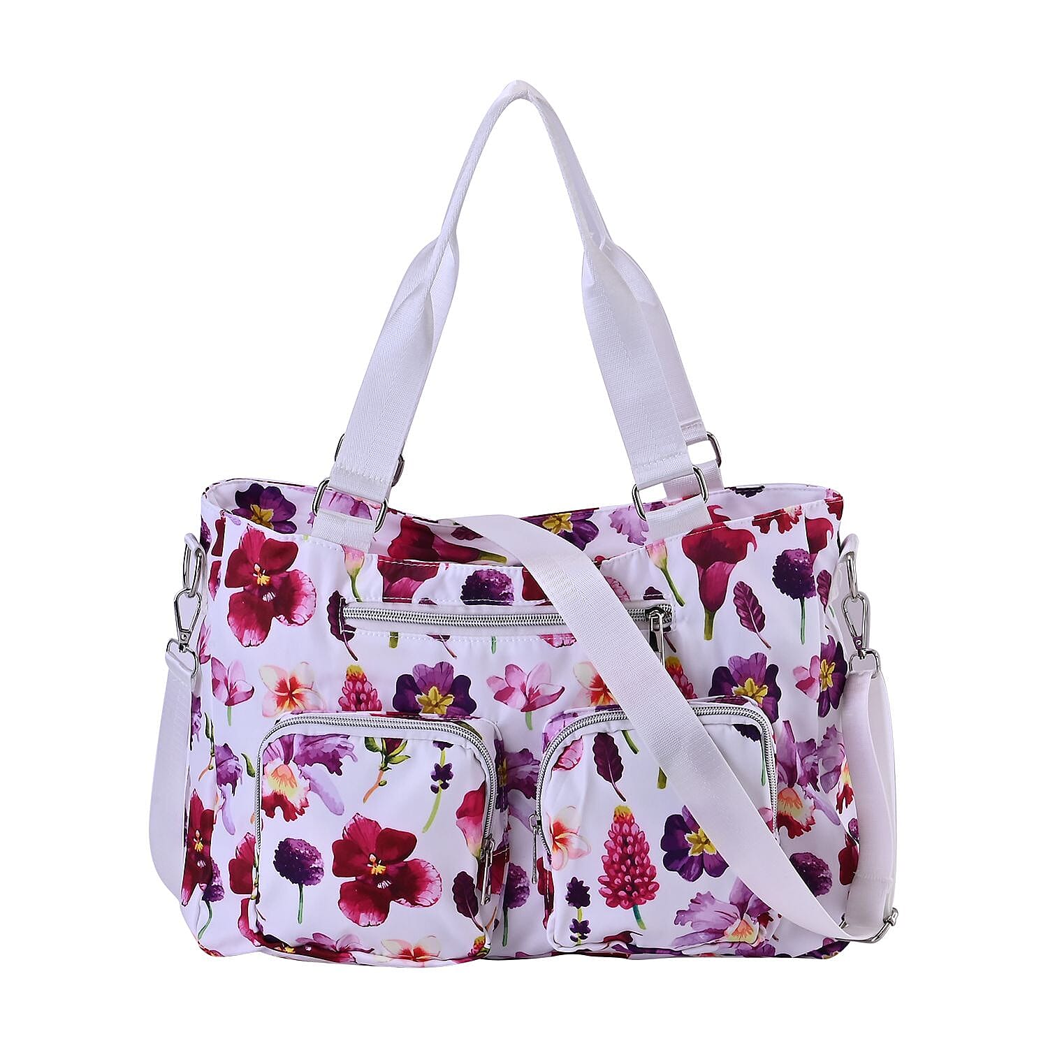 Floral Print Crossbody Bag with 4 Exterior Zipped Pockets & Handle Drop - White & Purple