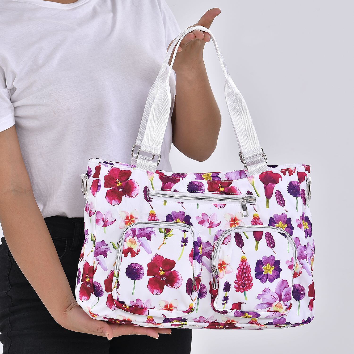 Floral Print Crossbody Bag with 4 Exterior Zipped Pockets & Handle Drop - White & Purple