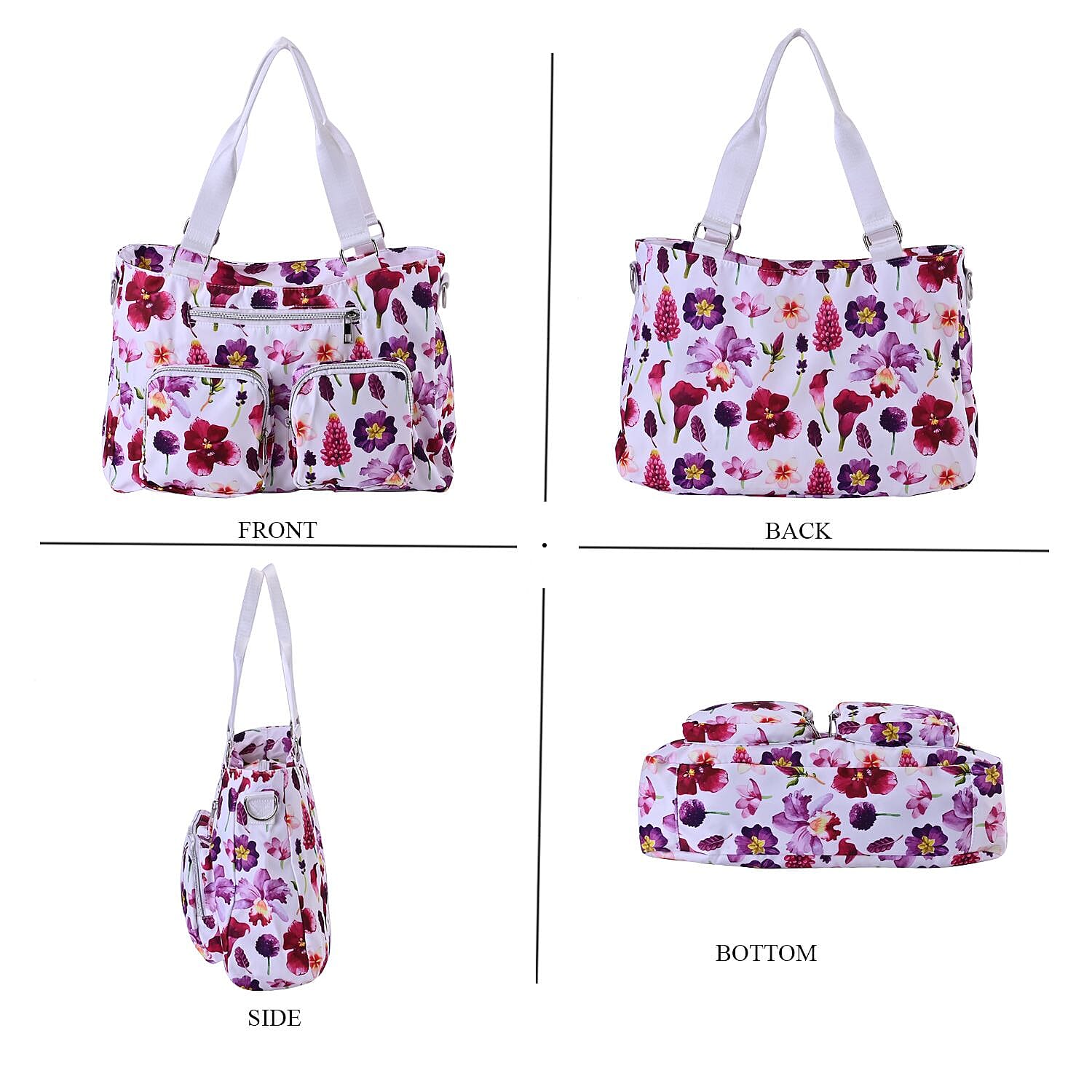 Floral Print Crossbody Bag with 4 Exterior Zipped Pockets & Handle Drop - White & Purple
