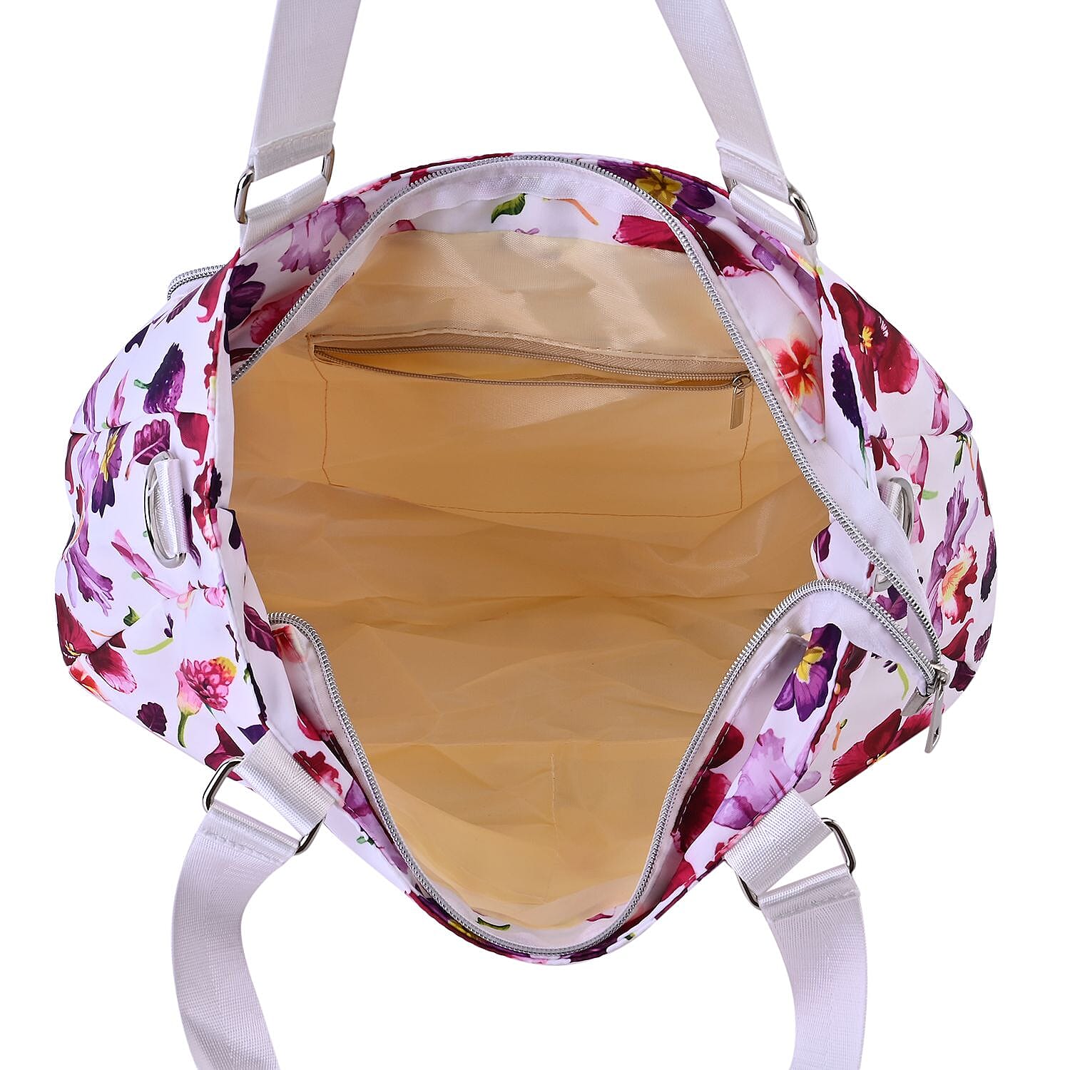 Floral Print Crossbody Bag with 4 Exterior Zipped Pockets & Handle Drop - White & Purple