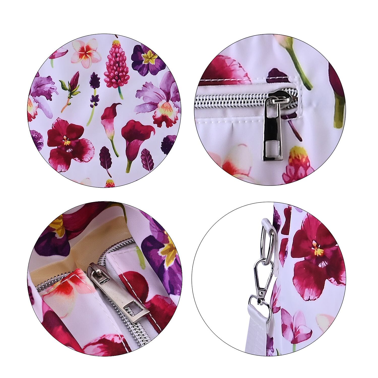 Floral Print Crossbody Bag with 4 Exterior Zipped Pockets & Handle Drop - White & Purple