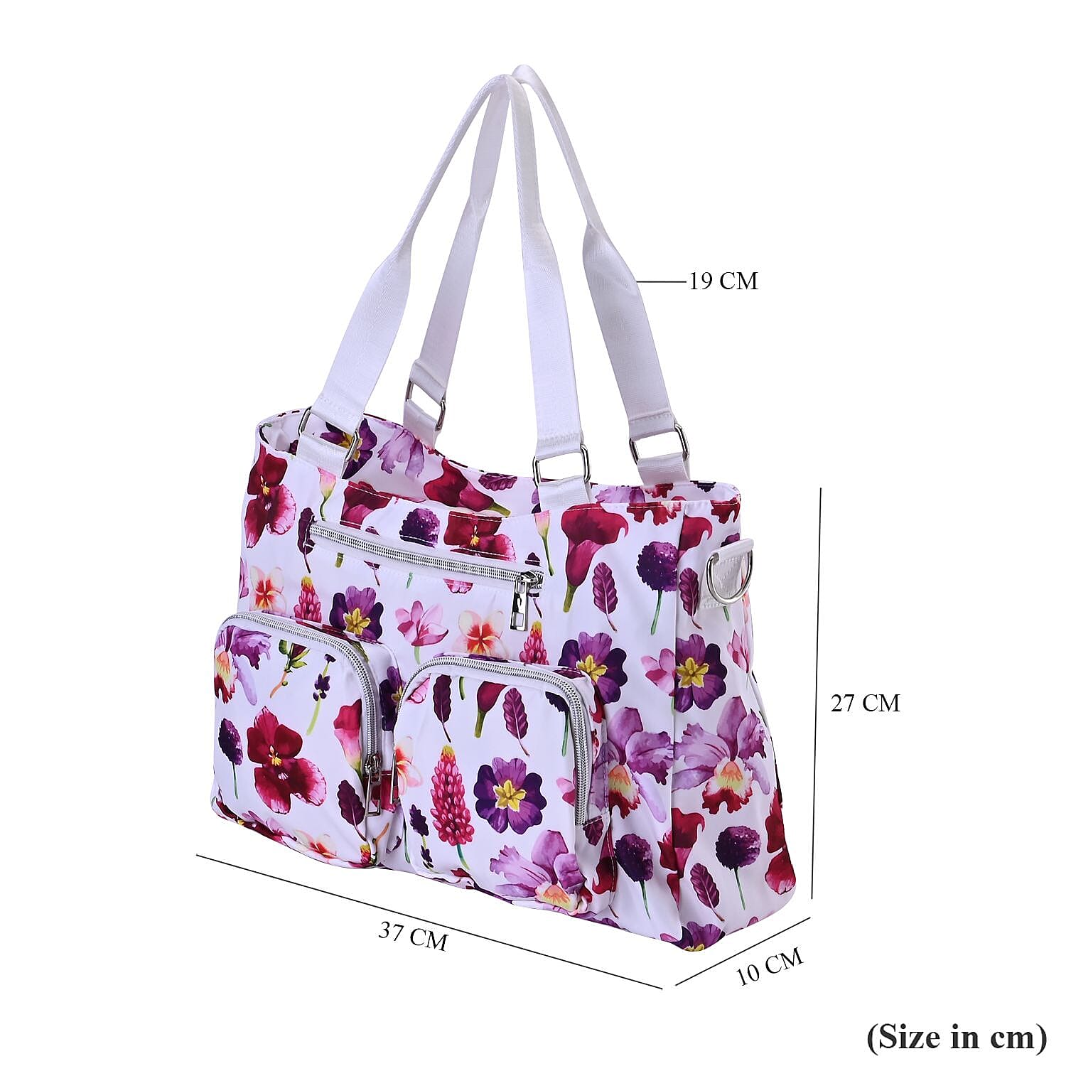 Floral Print Crossbody Bag with 4 Exterior Zipped Pockets & Handle Drop - White & Purple