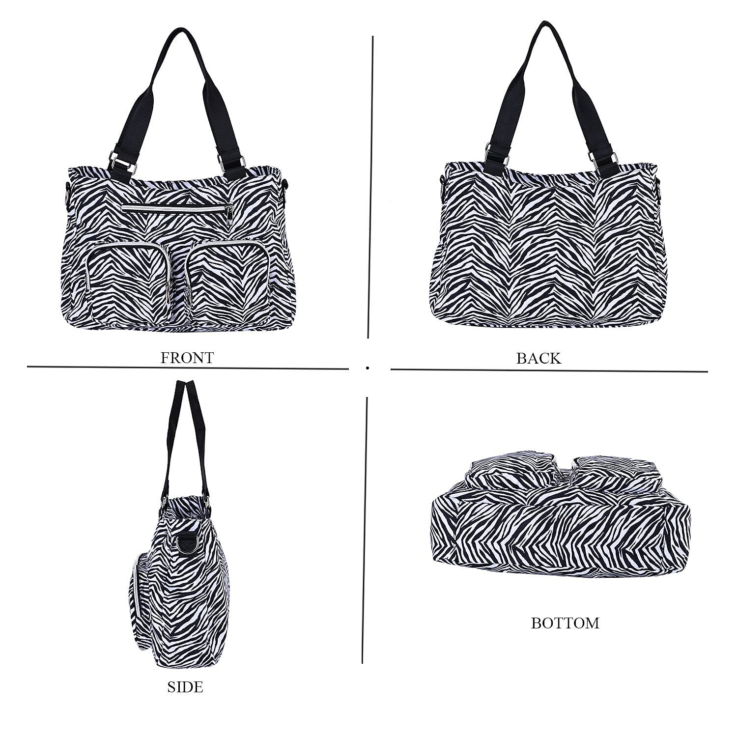 Zebra Print Crossbody Bag with 4 Exterior Zipped Pockets & Handle Drop - White & Black
