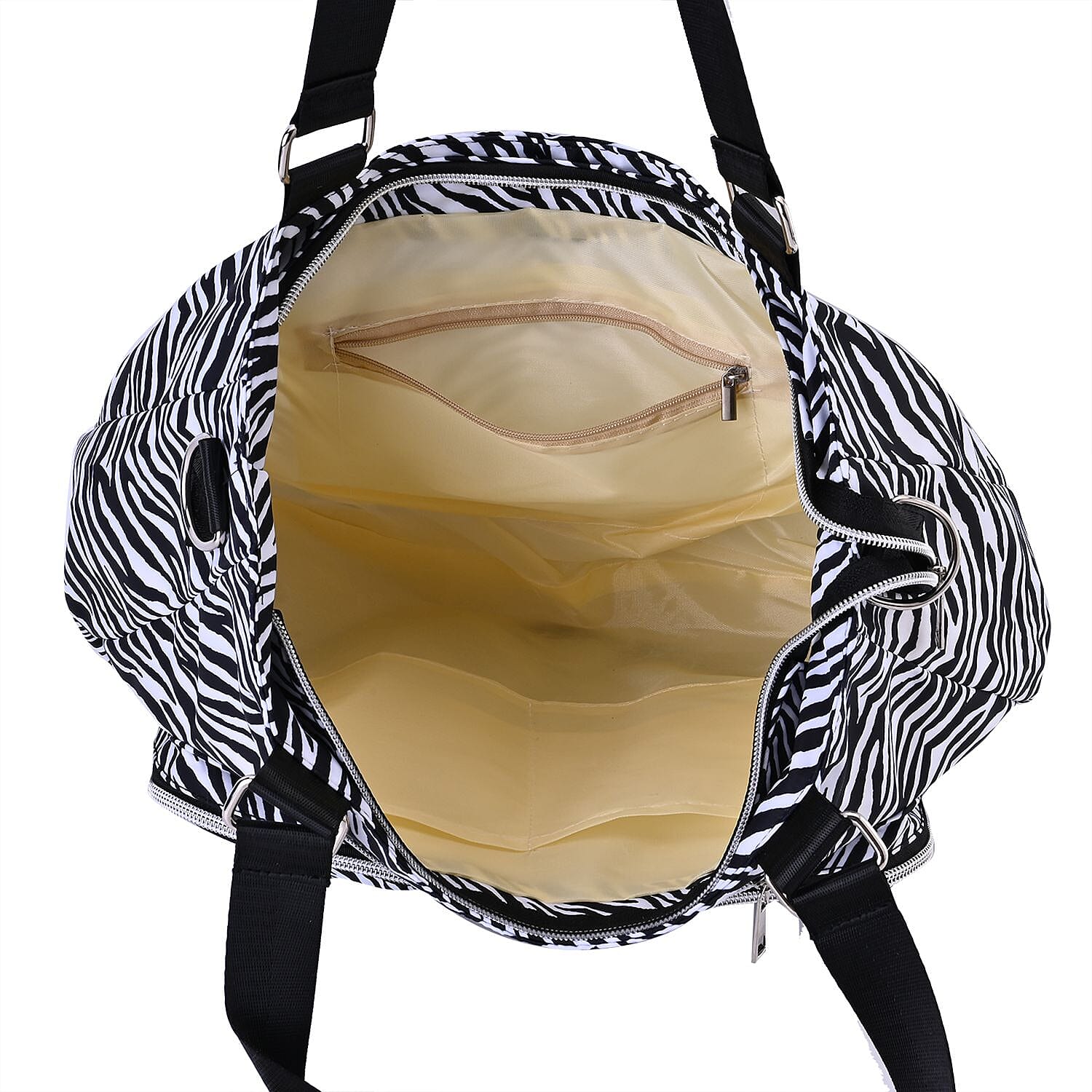 Zebra Print Crossbody Bag with 4 Exterior Zipped Pockets & Handle Drop - White & Black
