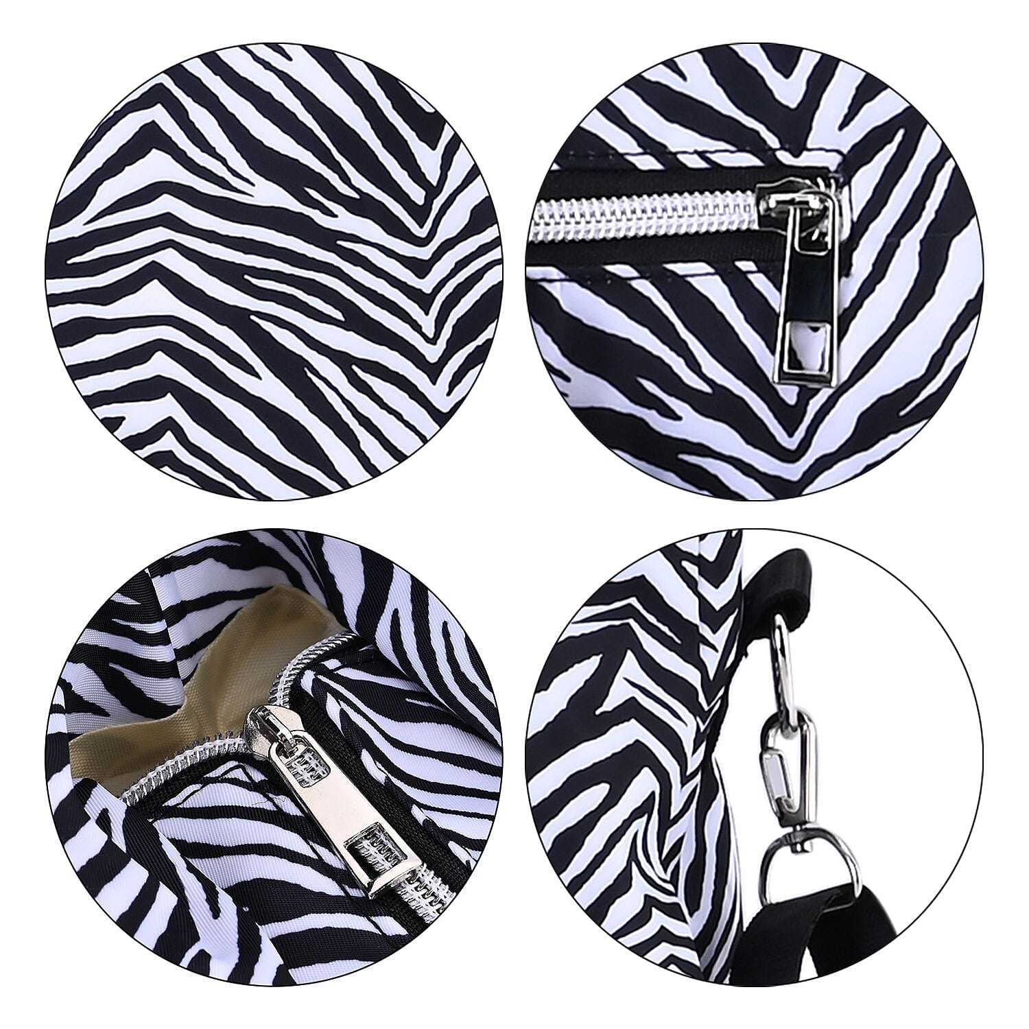Zebra Print Crossbody Bag with 4 Exterior Zipped Pockets & Handle Drop - White & Black