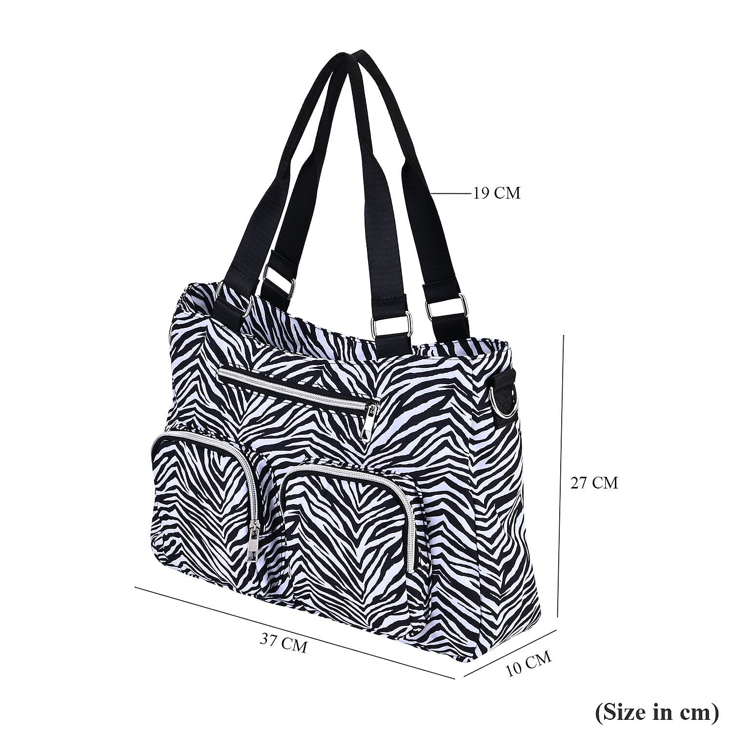 Zebra Print Crossbody Bag with 4 Exterior Zipped Pockets & Handle Drop - White & Black