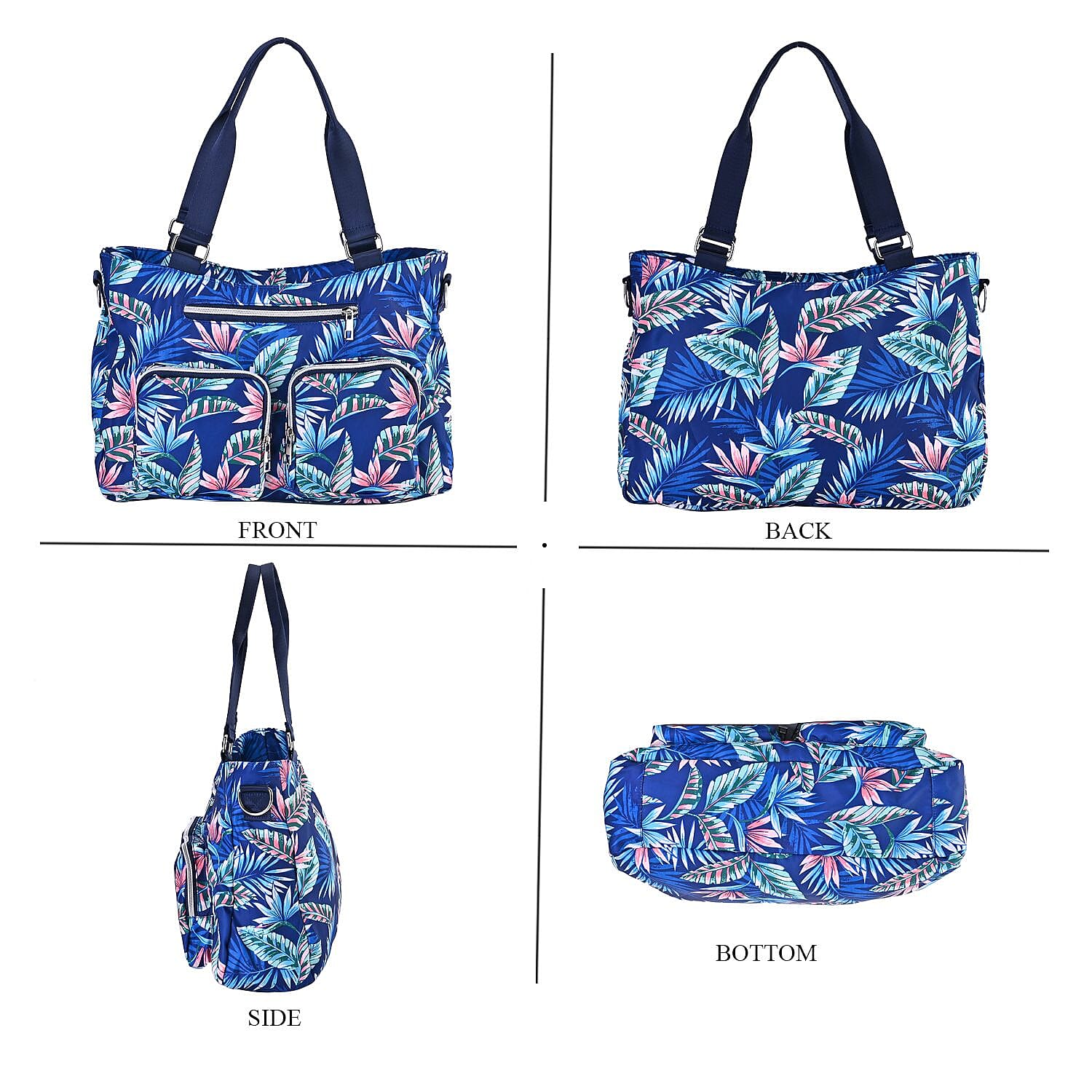 Leaf Print Crossbody Bag with 4 Exterior Zipped Pockets & Handle Drop - Navy Blue & Multi