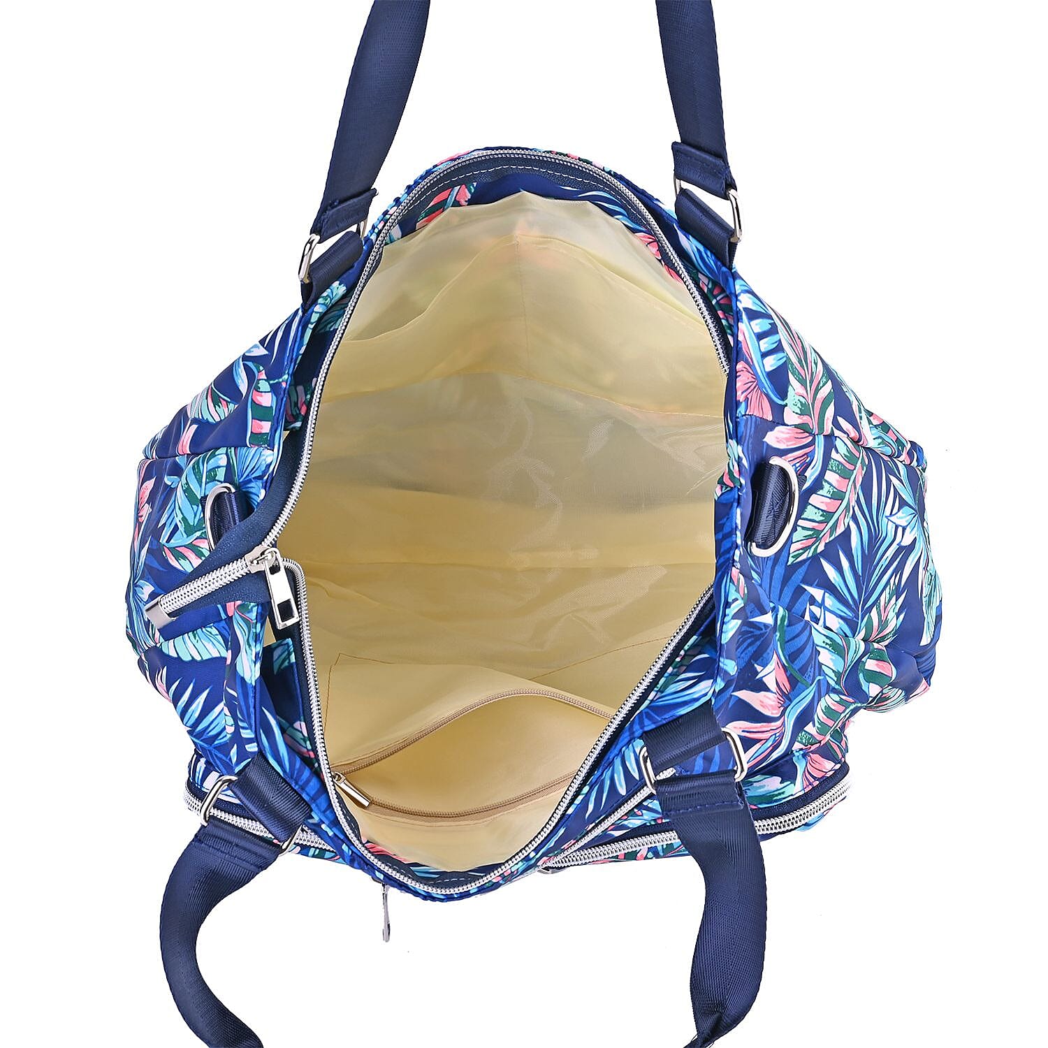 Leaf Print Crossbody Bag with 4 Exterior Zipped Pockets & Handle Drop - Navy Blue & Multi