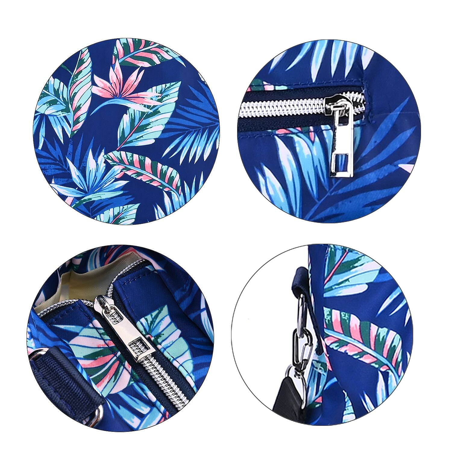 Leaf Print Crossbody Bag with 4 Exterior Zipped Pockets & Handle Drop - Navy Blue & Multi
