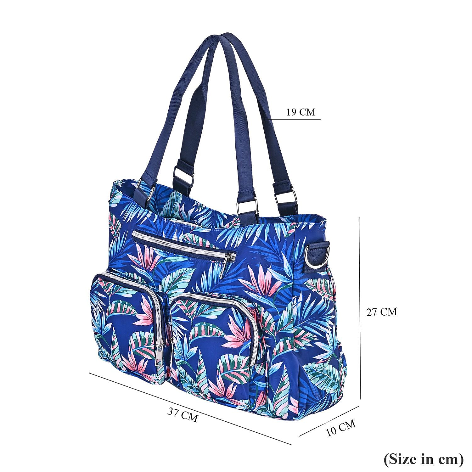 Leaf Print Crossbody Bag with 4 Exterior Zipped Pockets & Handle Drop - Navy Blue & Multi