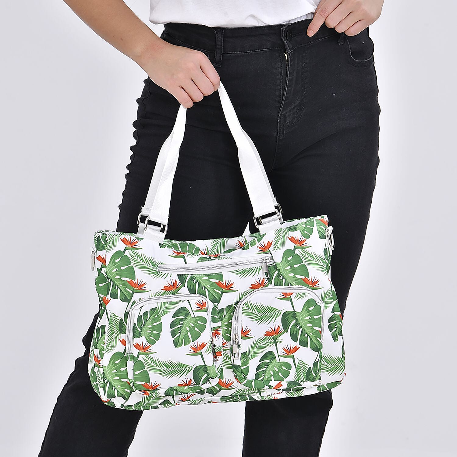 Leaf Print Crossbody Bag with 4 Exterior Zipped Pockets & Handle Drop - White & Green