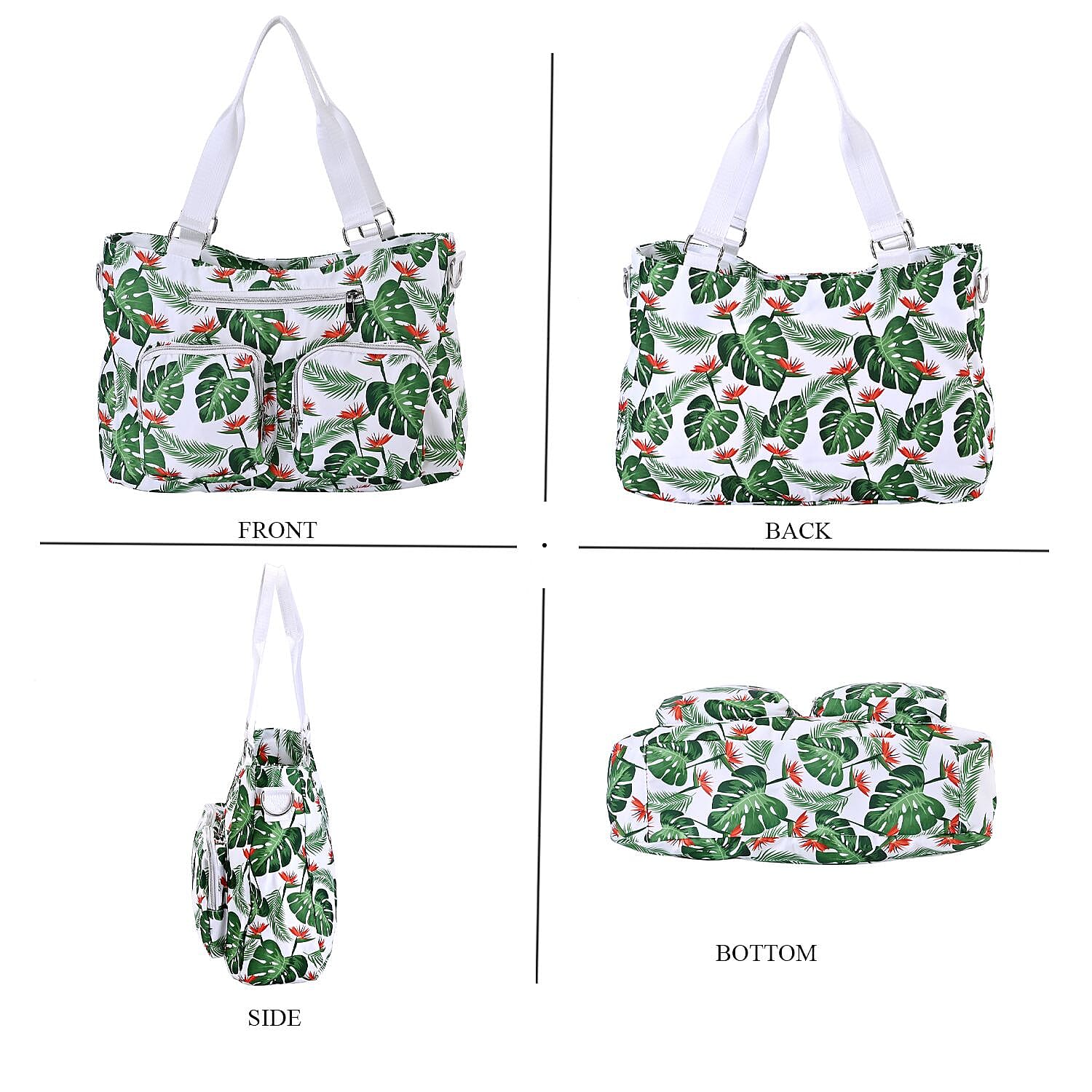 Leaf Print Crossbody Bag with 4 Exterior Zipped Pockets & Handle Drop - White & Green