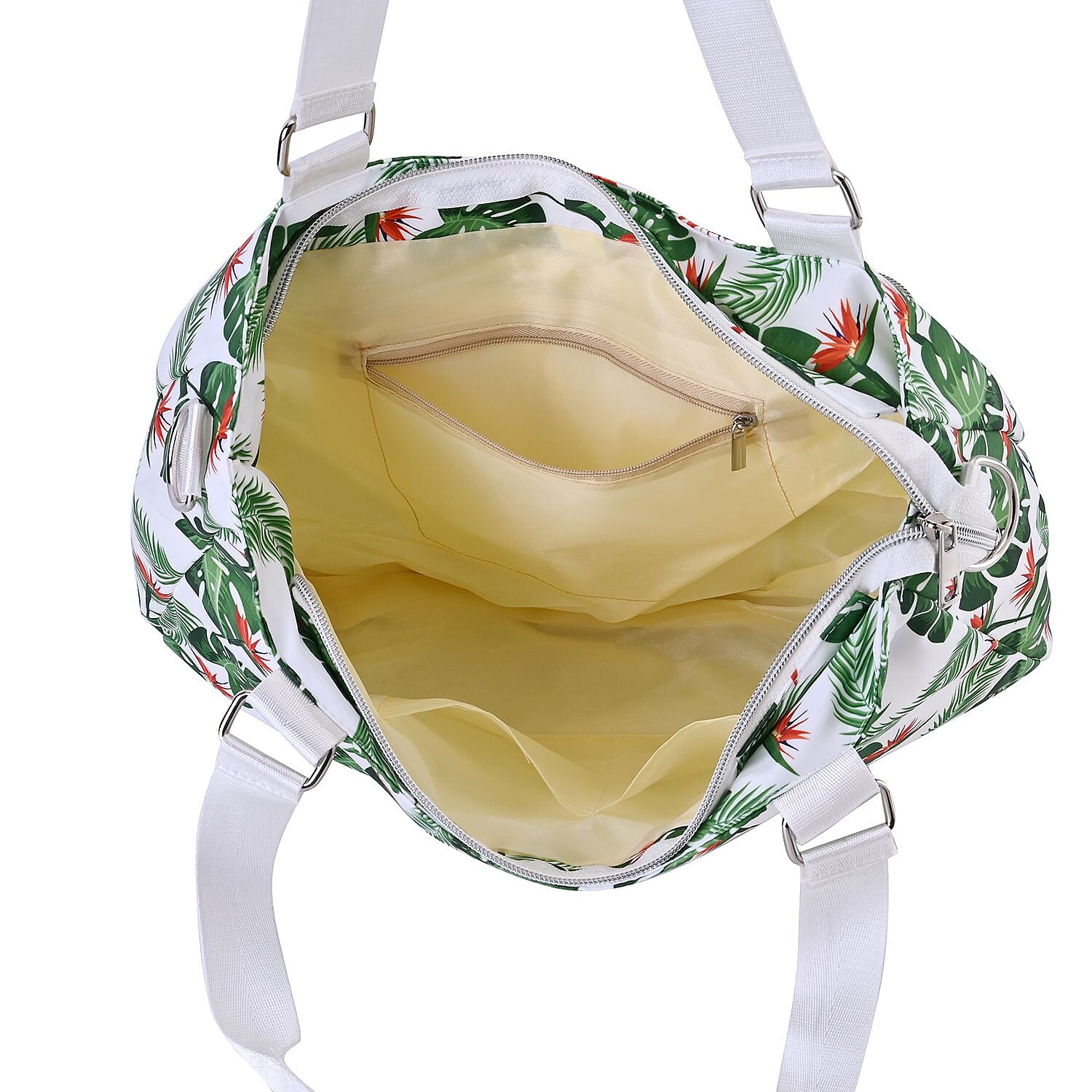 Leaf Print Crossbody Bag with 4 Exterior Zipped Pockets - Handle Drop - White - Green