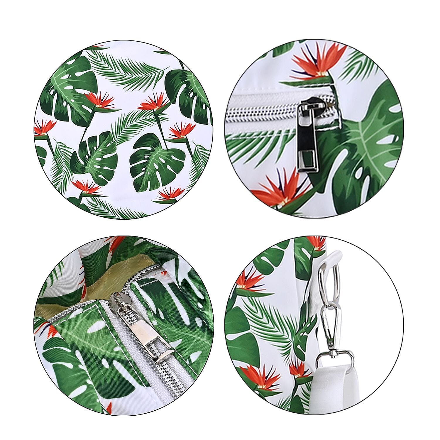 Leaf Print Crossbody Bag with 4 Exterior Zipped Pockets - Handle Drop - White - Green