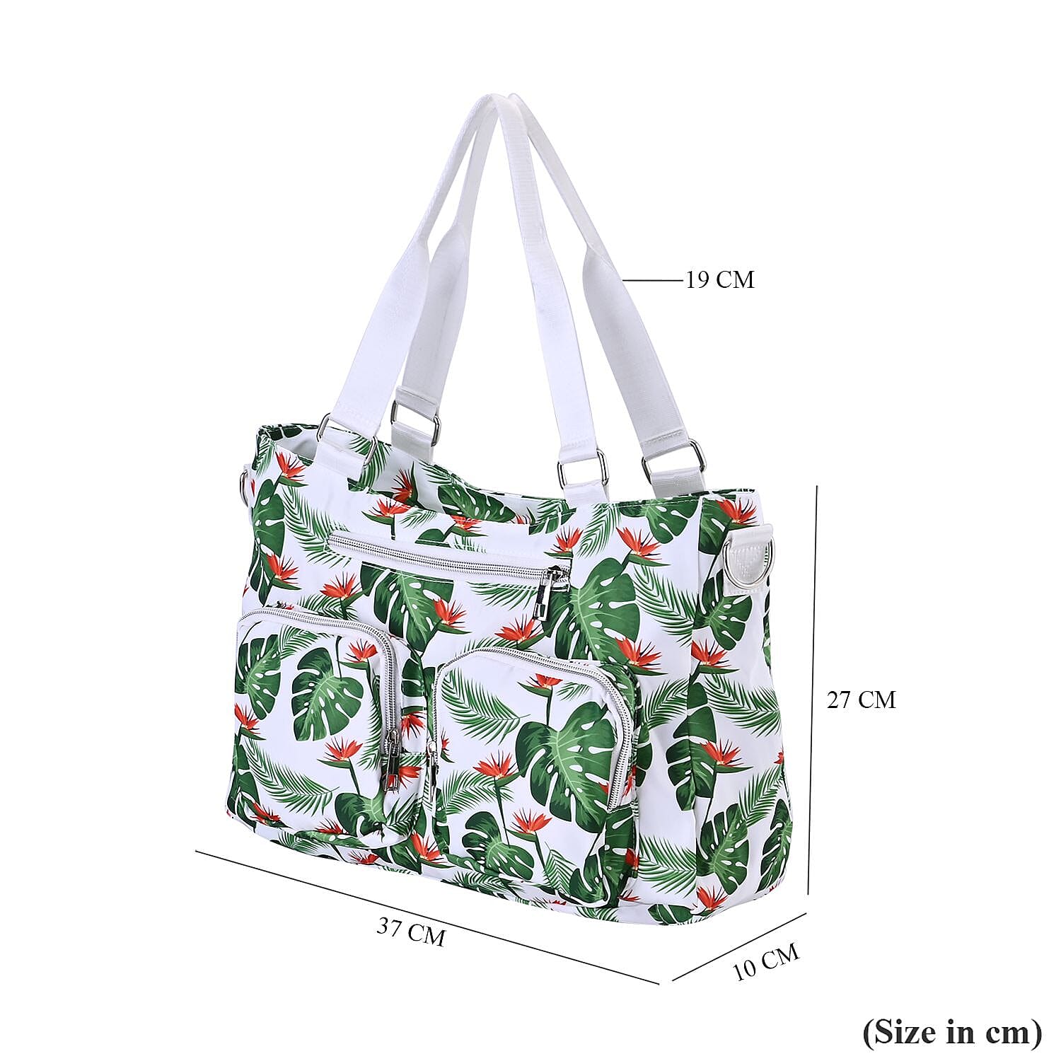 Leaf Print Crossbody Bag with 4 Exterior Zipped Pockets - Handle Drop - White - Green