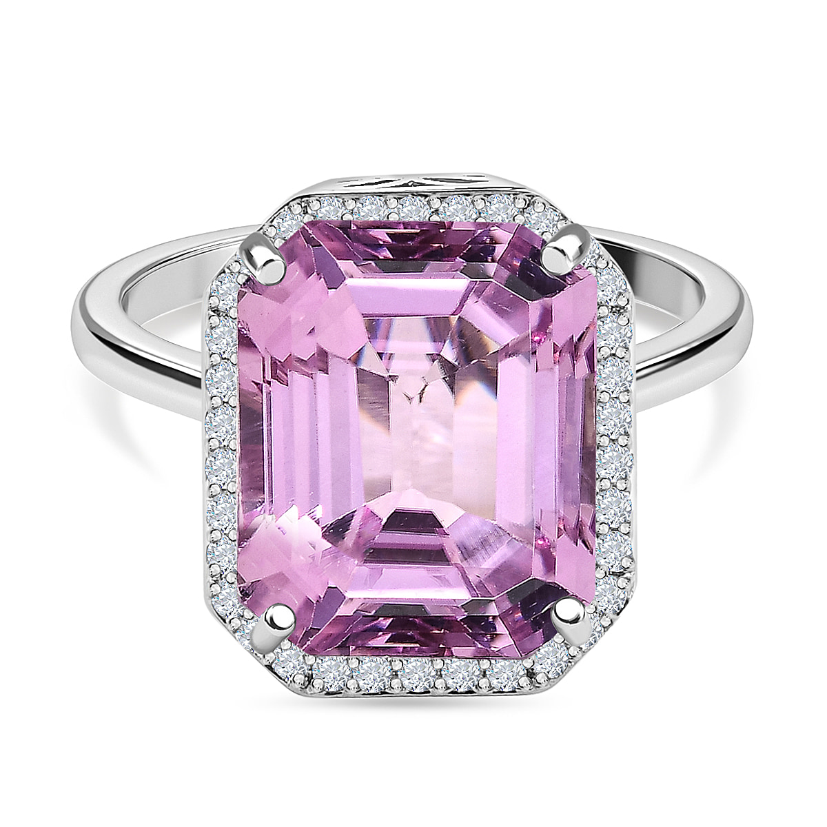 RHAPSODY 950 Platinum AAAA Patroke Kunzite and Diamond (VS-E/F) Halo Engagement Ring 7.87 Ct, Platinum Wt. 5 Gms.