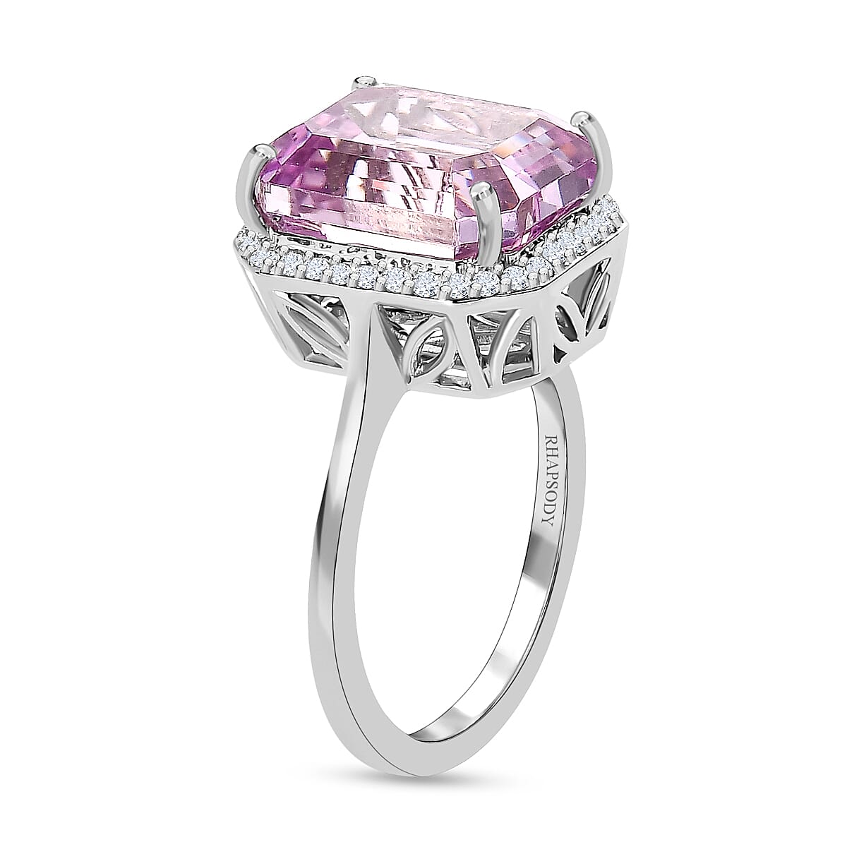 RHAPSODY 950 Platinum AAAA Patroke Kunzite and Diamond (VS-E-F) Halo Ring 7.87 Ct, Platinum Wt. 5 Gms.