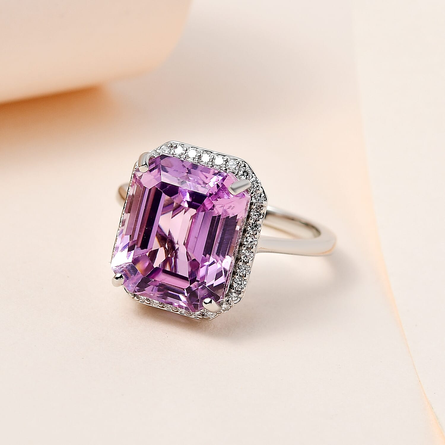 RHAPSODY 950 Platinum AAAA Patroke Kunzite and Diamond (VS-E-F) Halo Ring 7.87 Ct, Platinum Wt. 5 Gms.