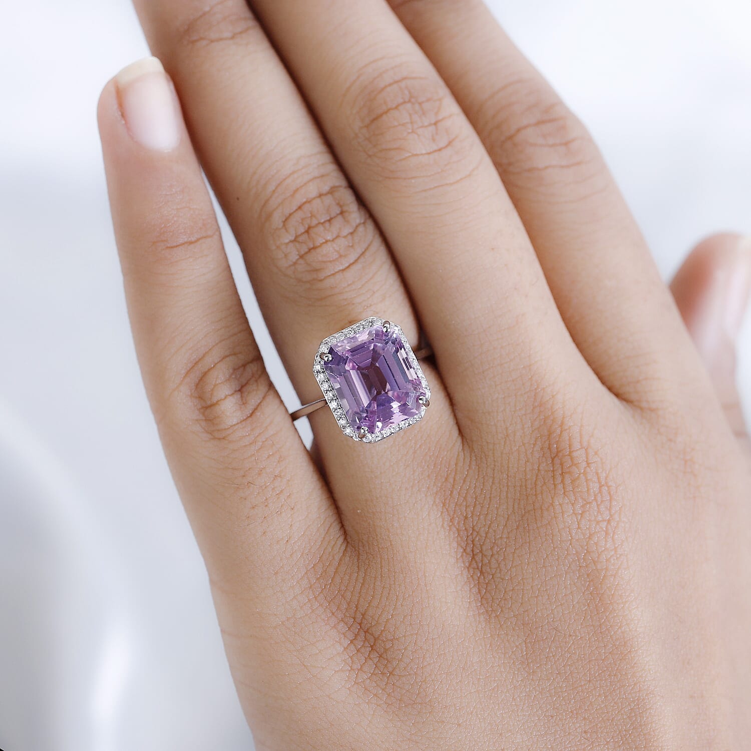 RHAPSODY 950 Platinum AAAA Patroke Kunzite and Diamond (VS-E-F) Halo Ring 7.87 Ct, Platinum Wt. 5 Gms.