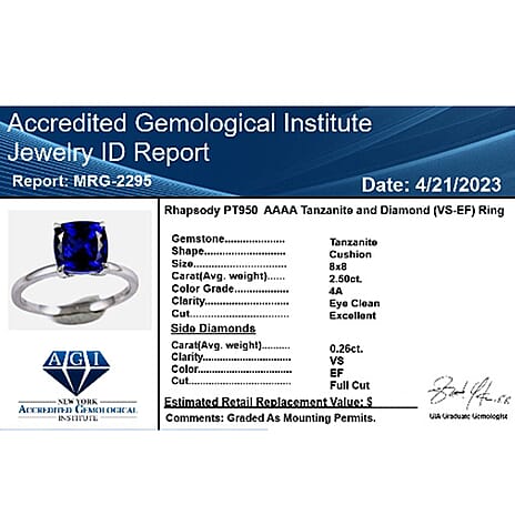 950 Platinum  AAAA  Tanzanite   White Diamond  VS Ring 2.76 ct,  Platinum Wt. 4.43 Gms  2.760  Ct.