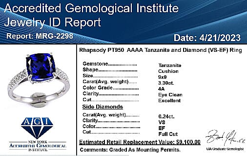 950 Platinum  AAAA  Tanzanite   White Diamond  VS Ring 3.24 ct,  Platinum Wt. 6.01 Gms  3.240  Ct.