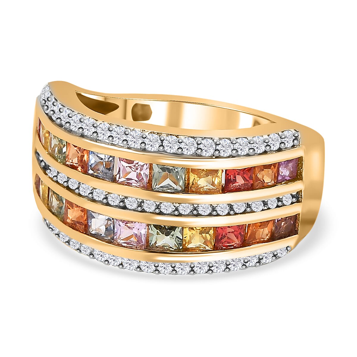 Rainbow Sapphire & Natural Zircon Ring in 18K Yellow Gold Vermeil Plated Sterling Silver 2.43 Ct.