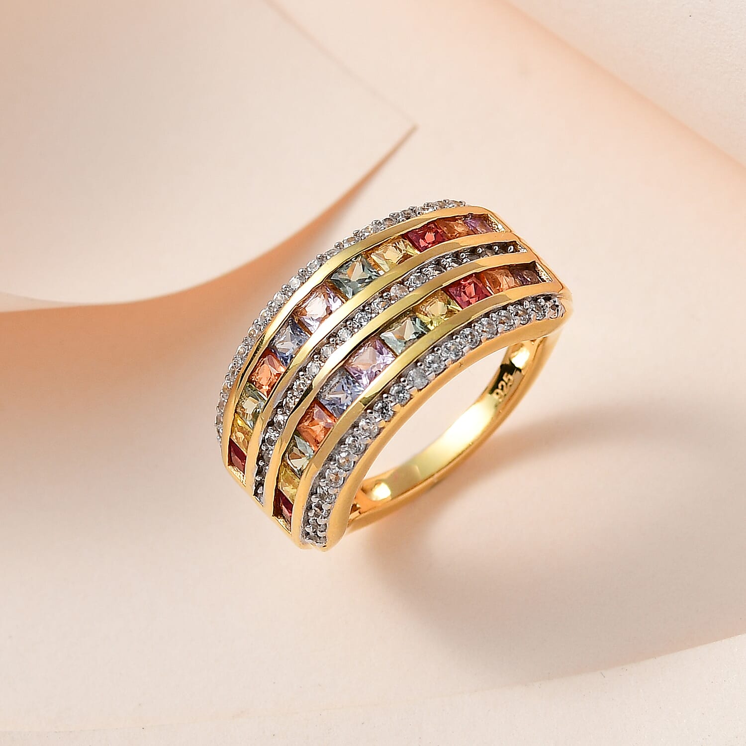 Rainbow Sapphire & Natural Zircon Ring in 18K Yellow Gold Vermeil Plated Sterling Silver 2.43 Ct.