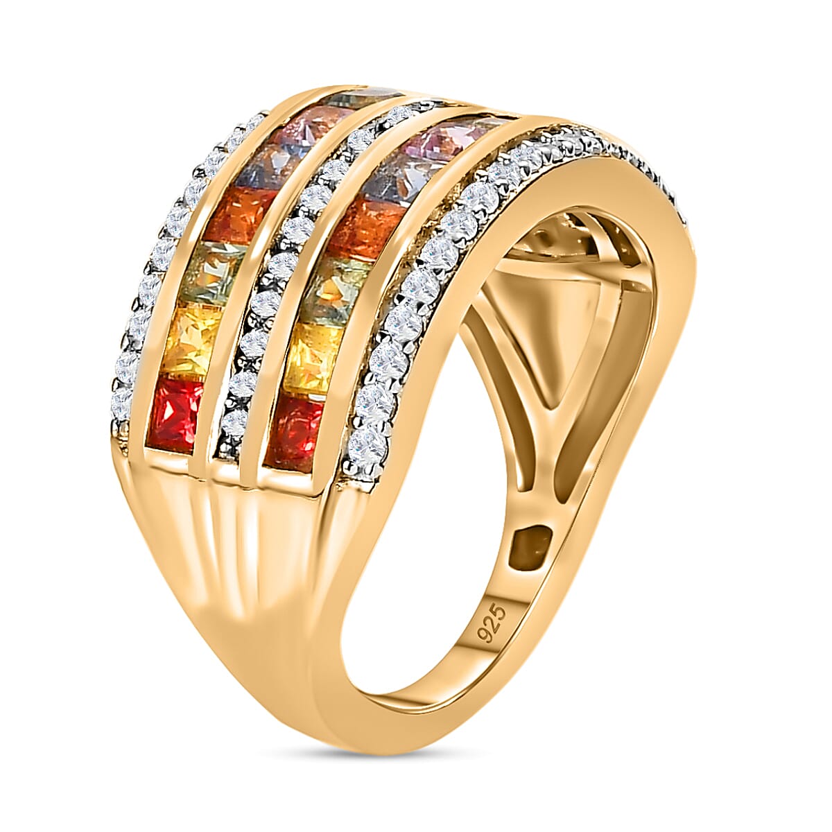 Rainbow Sapphire & Natural Zircon Ring in 18K Yellow Gold Vermeil Plated Sterling Silver 2.43 Ct.