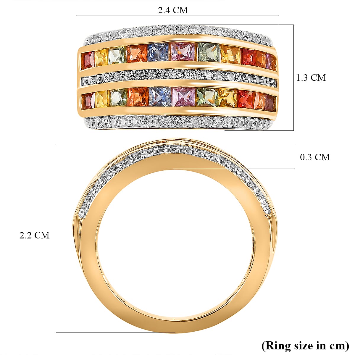 Rainbow Sapphire & Natural Zircon Ring in 18K Yellow Gold Vermeil Plated Sterling Silver 2.43 Ct.