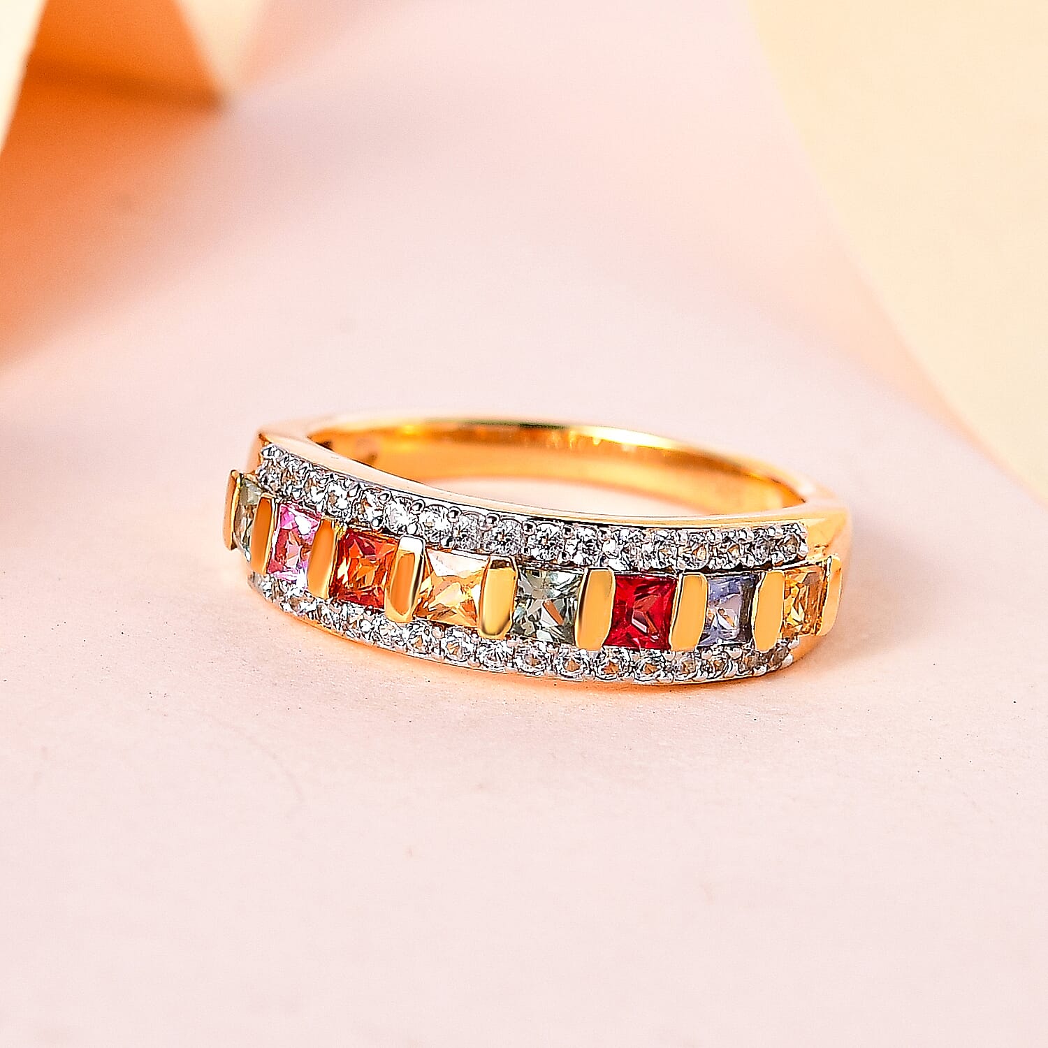 Rainbow Sapphire and Natural Zircon Band Ring in Yellow Gold Vermeil Plated Sterling Silver 1.14 Ct