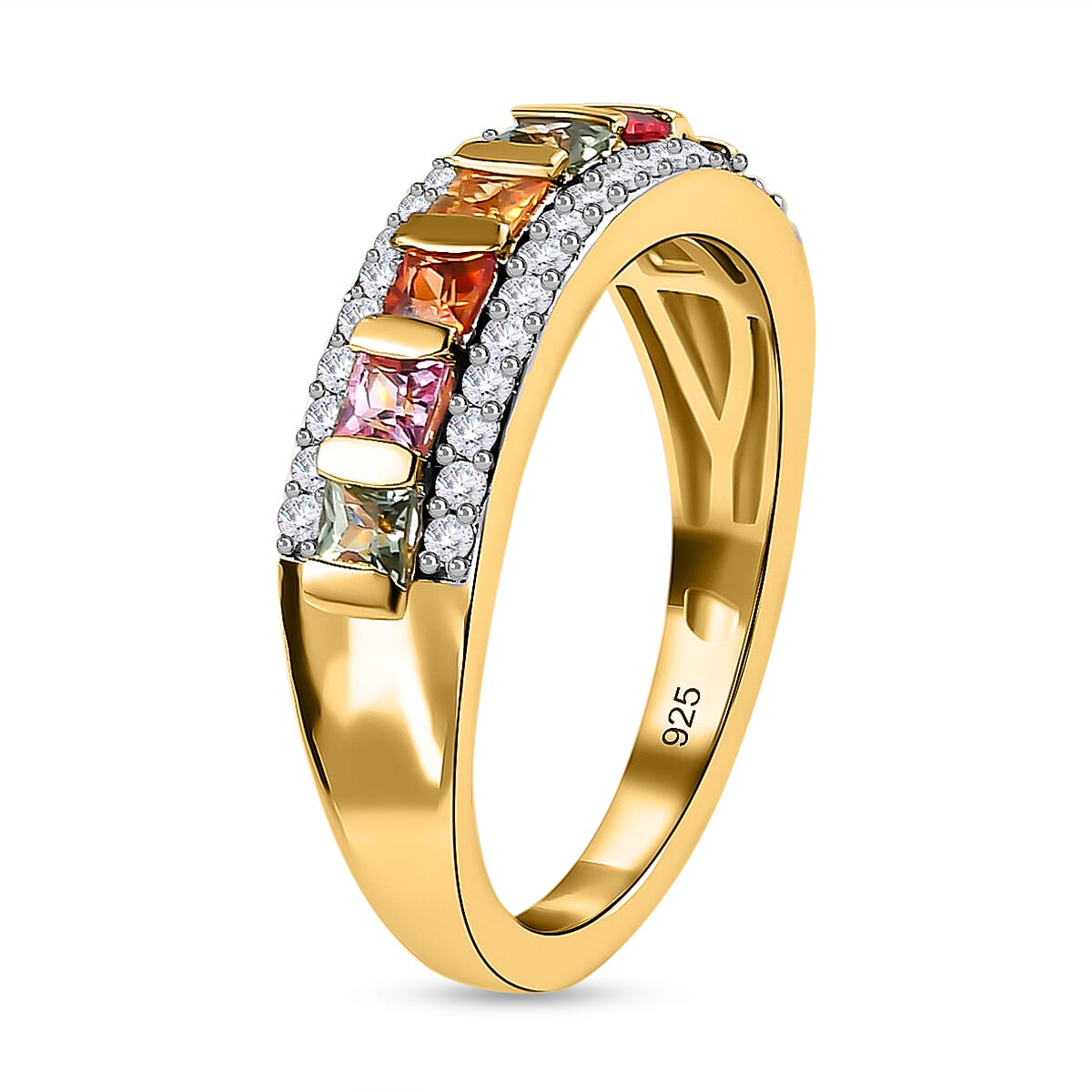Rainbow Sapphire and Natural Zircon Band Ring in Yellow Gold Vermeil Plated Sterling Silver 1.14 Ct