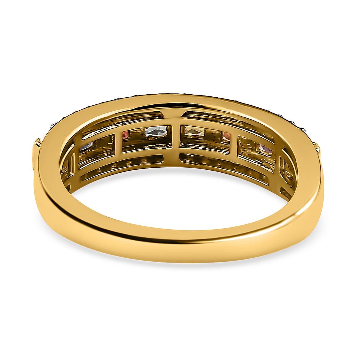 Rainbow Sapphire and Natural Zircon Band Ring in Yellow Gold Vermeil Plated Sterling Silver 1.14 Ct