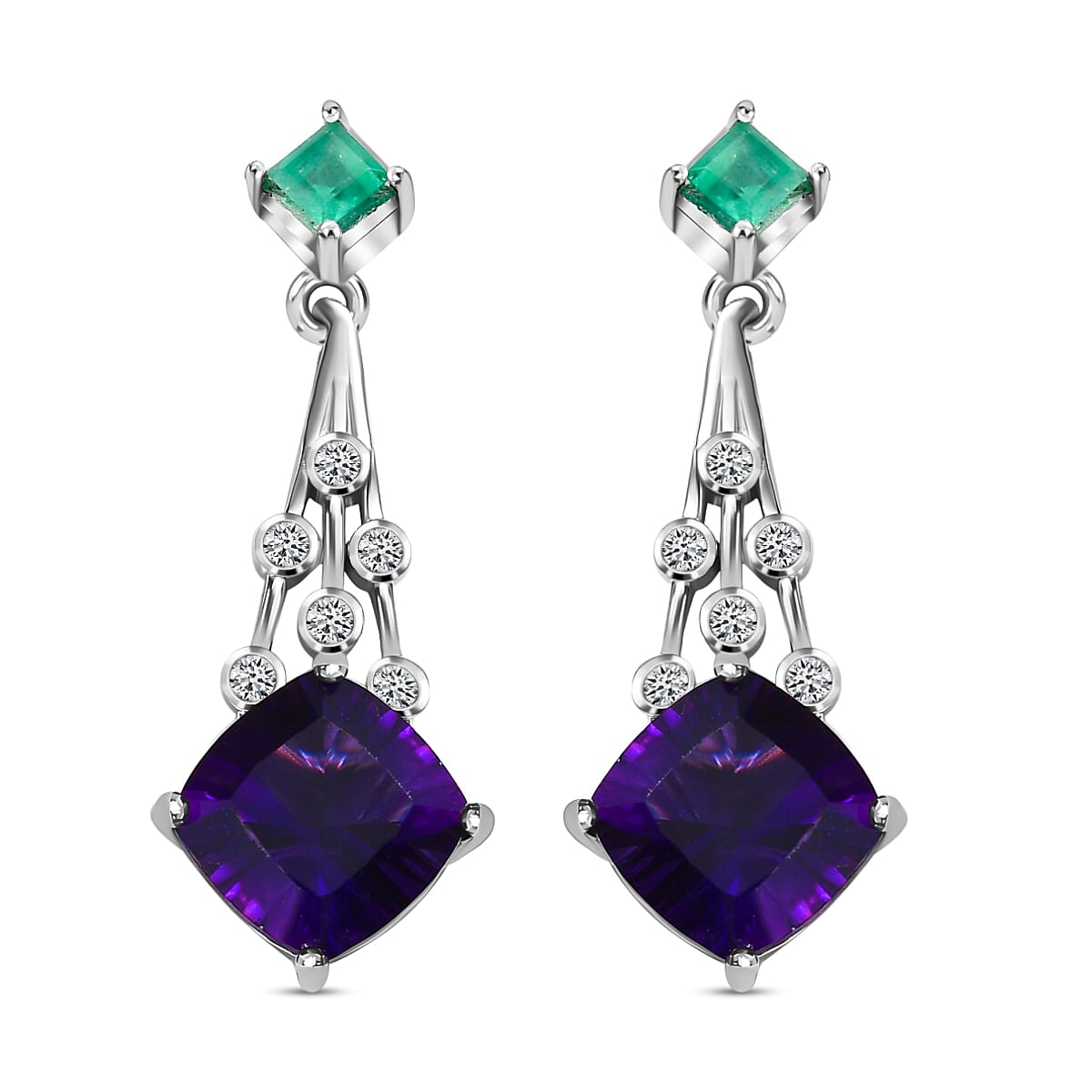 TJC Launch Concave Cut Amethyst, Emerald and Natural Cambodian Zircon Dangle Earrings in Platinum Overlay Sterling Silver 4.86 Ct.