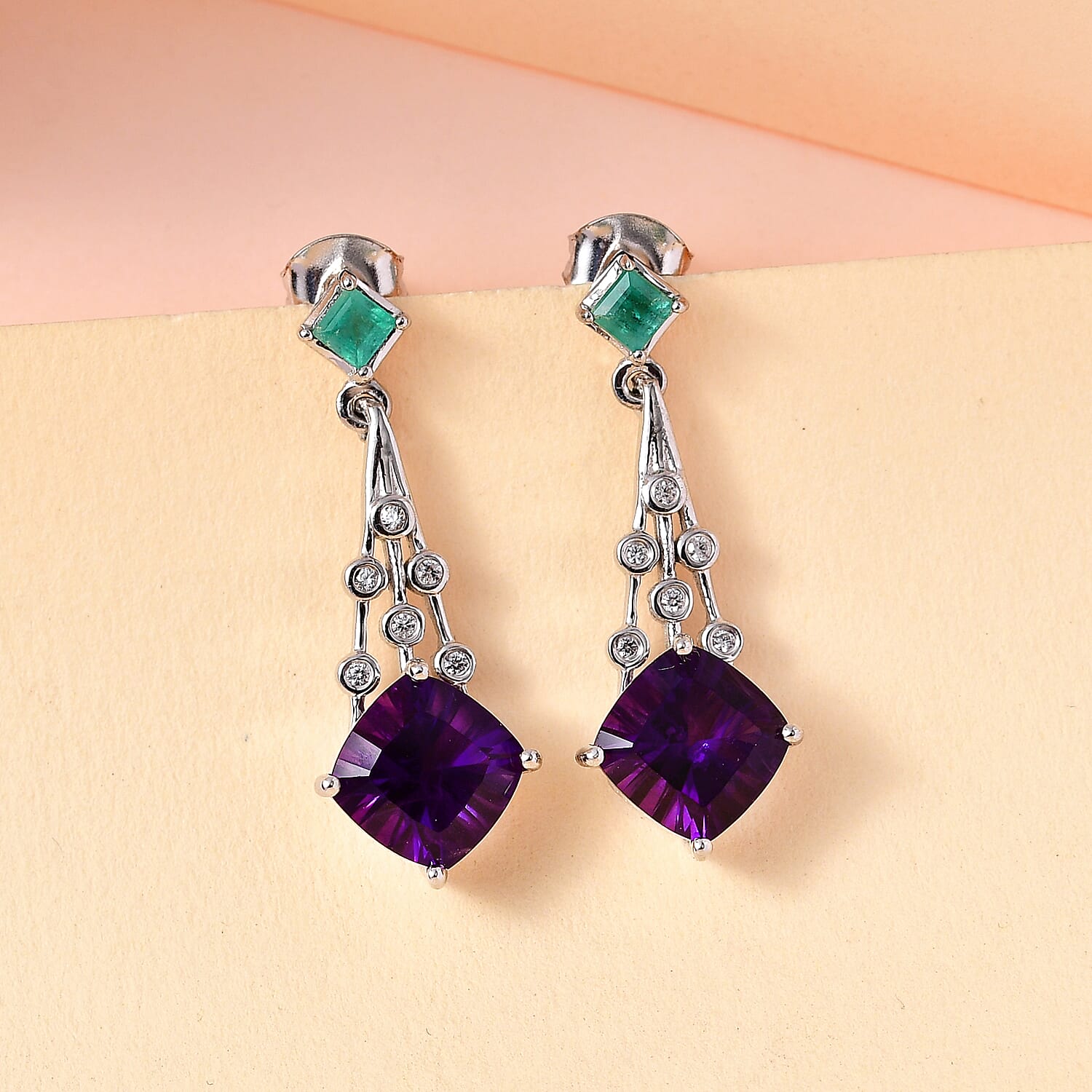 TJC Launch Concave Cut Amethyst, Emerald and Natural Cambodian Zircon Dangle Earrings in Platinum Overlay Sterling Silver 4.86 Ct.