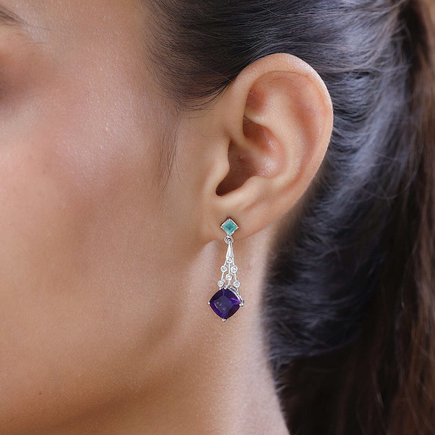 TJC Launch Concave Cut Amethyst, Emerald and Natural Cambodian Zircon Dangle Earrings in Platinum Overlay Sterling Silver 4.86 Ct.
