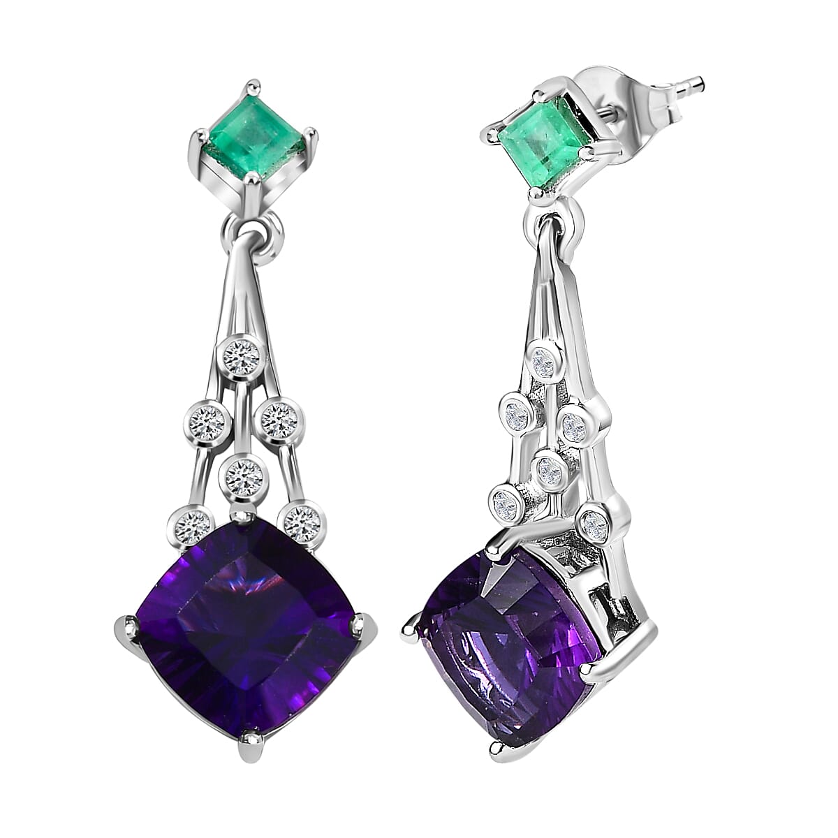 TJC Launch Concave Cut Amethyst, Emerald and Natural Cambodian Zircon Dangle Earrings in Platinum Overlay Sterling Silver 4.86 Ct.