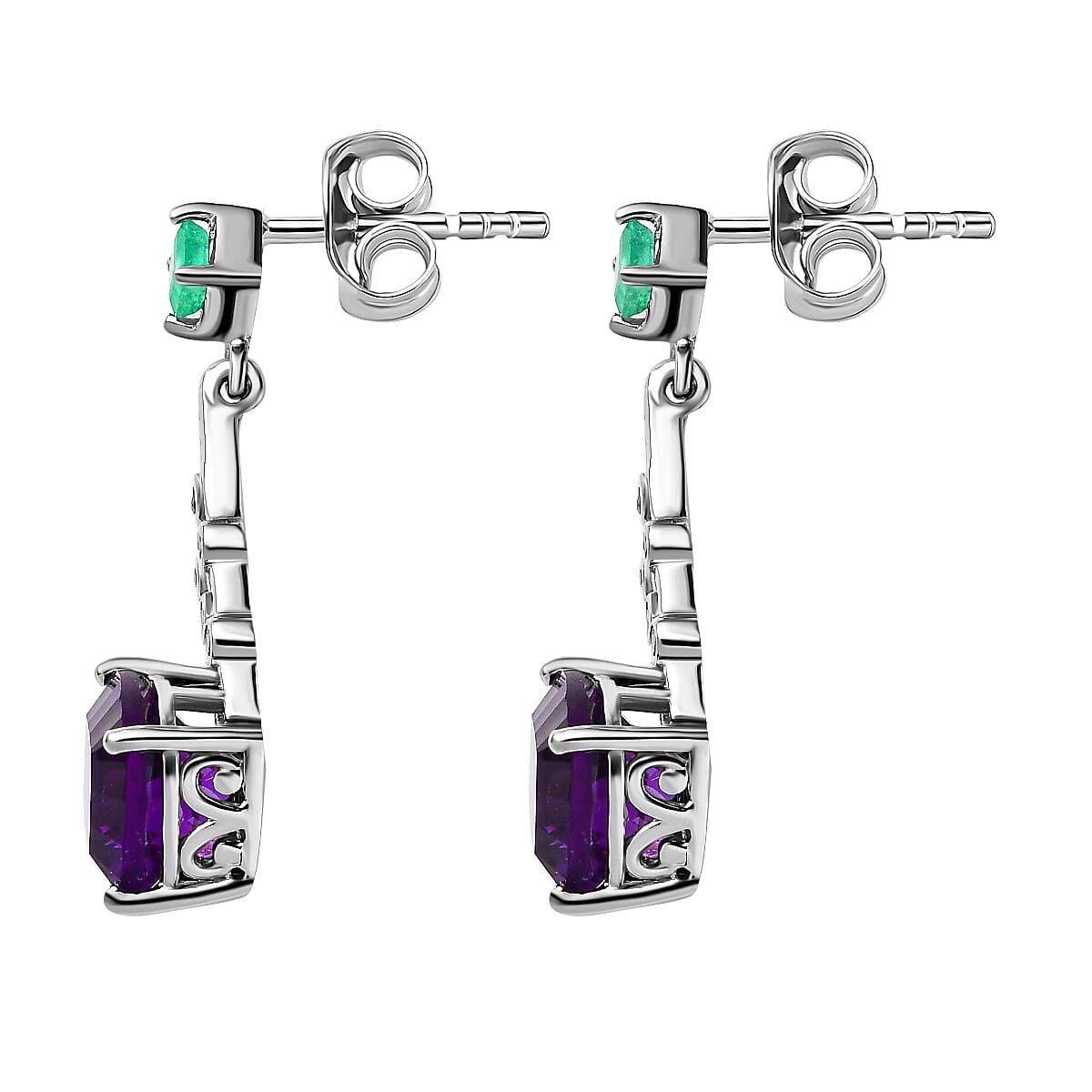TJC Launch Concave Cut Amethyst, Emerald and Natural Cambodian Zircon Dangle Earrings in Platinum Overlay Sterling Silver 4.86 Ct.