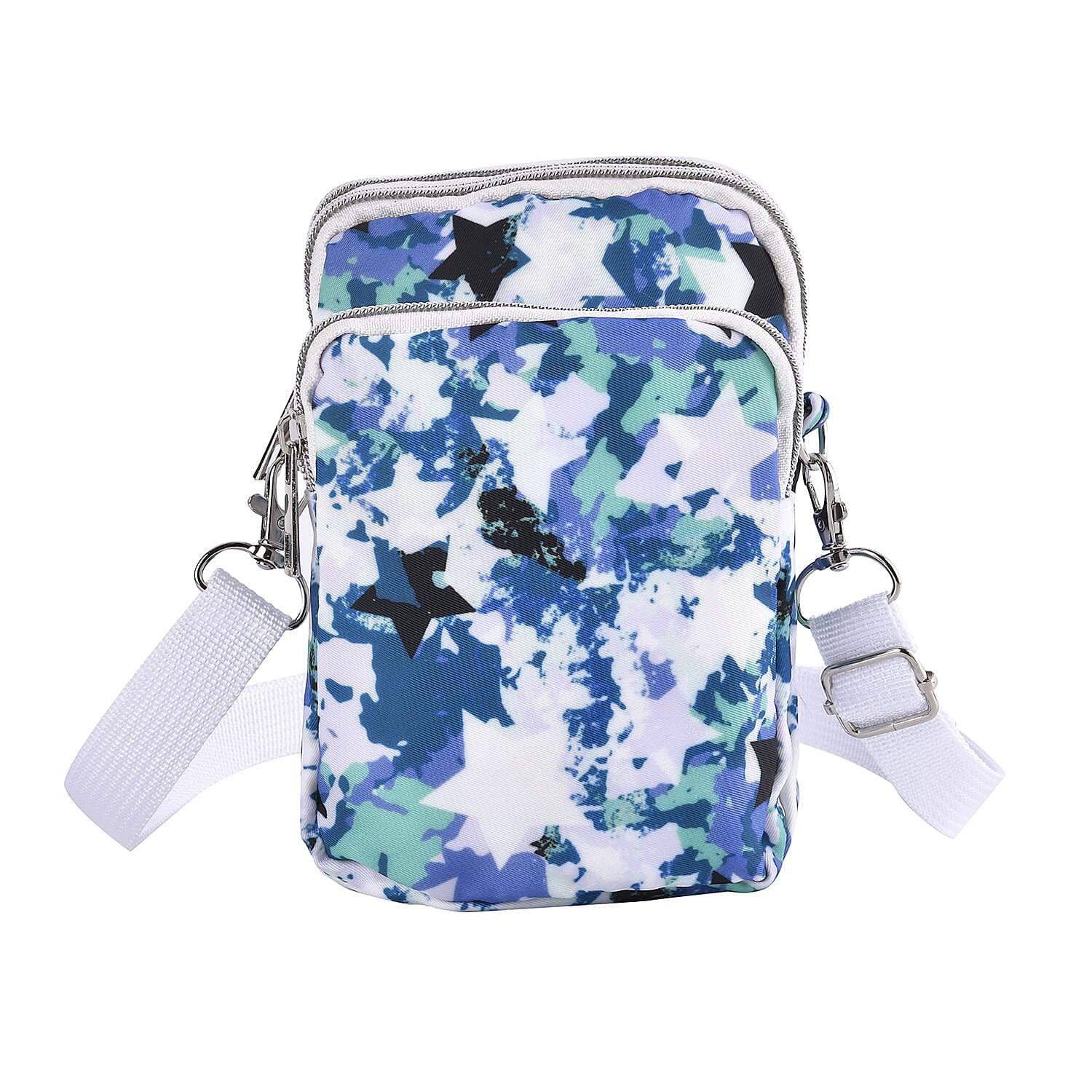Oxford Flower Crossbody Bag With Zipped Pockets -Dark Blue & White