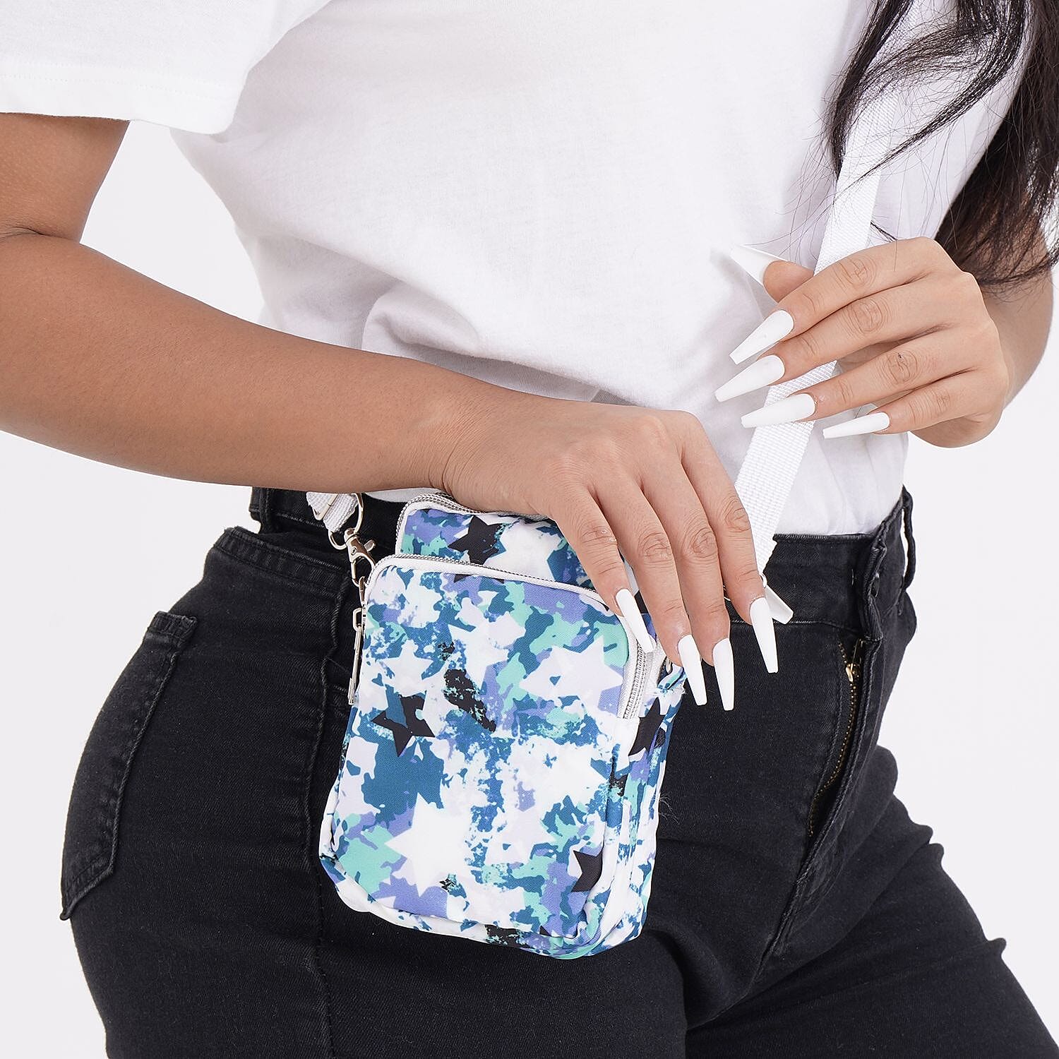 Oxford Flower Crossbody Bag With Zipped Pockets -Dark Blue & White